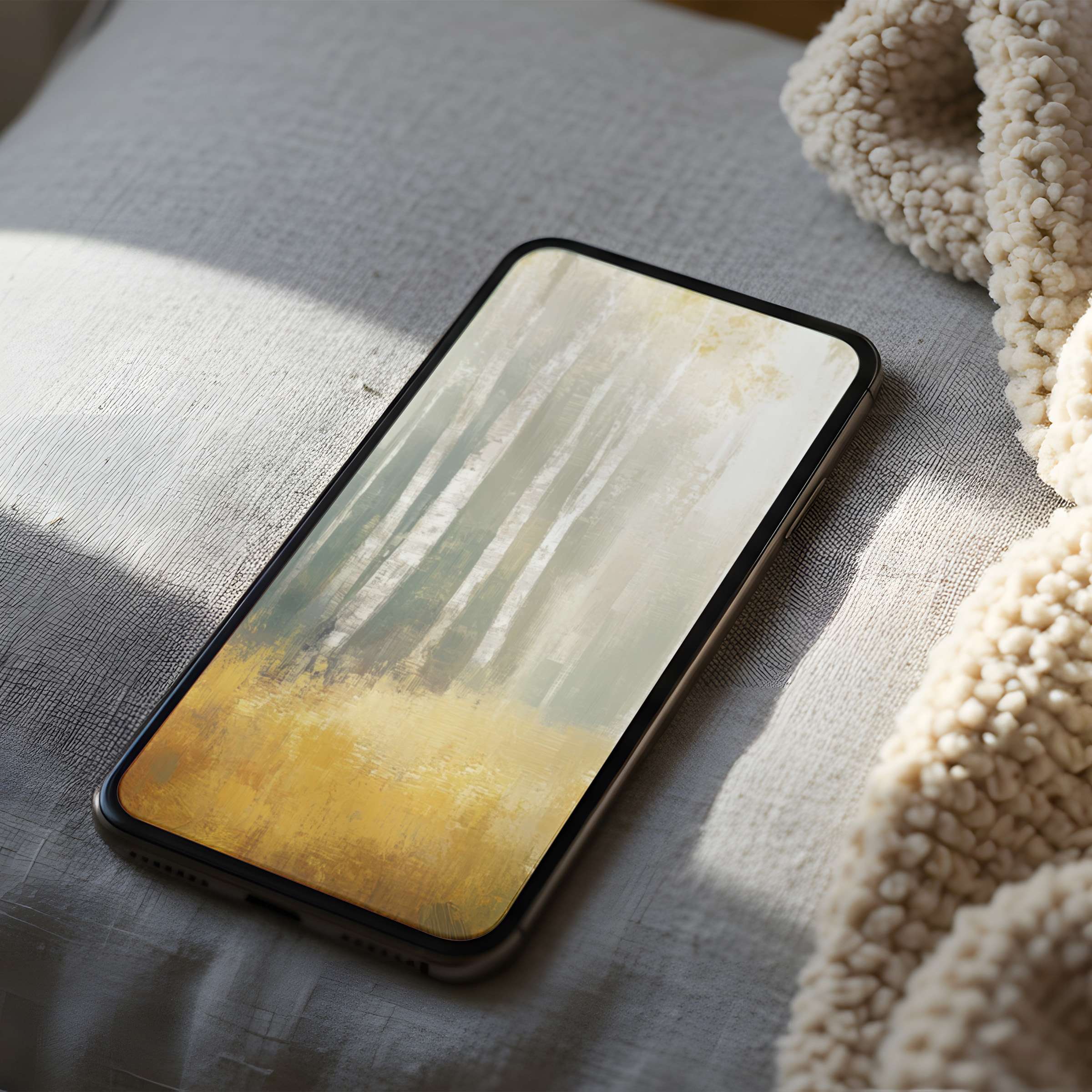Elegant phone wallpaper with misty forest and golden hues, perfect for iPhone and android, offering serene digital download tranquility
