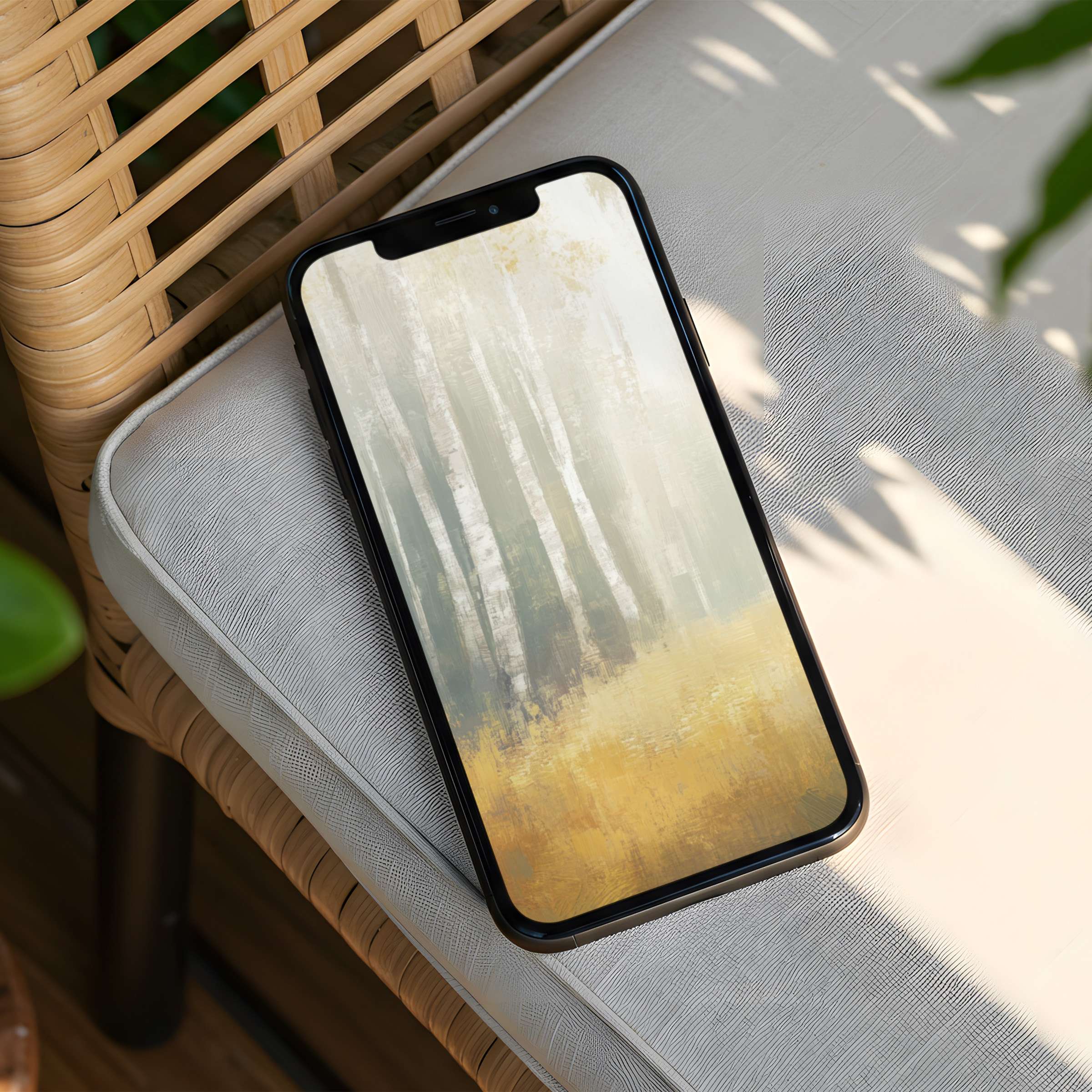 Elegant forest-themed iPhone background with soft gold hues promotes calm and inspiration with instant download for any phone