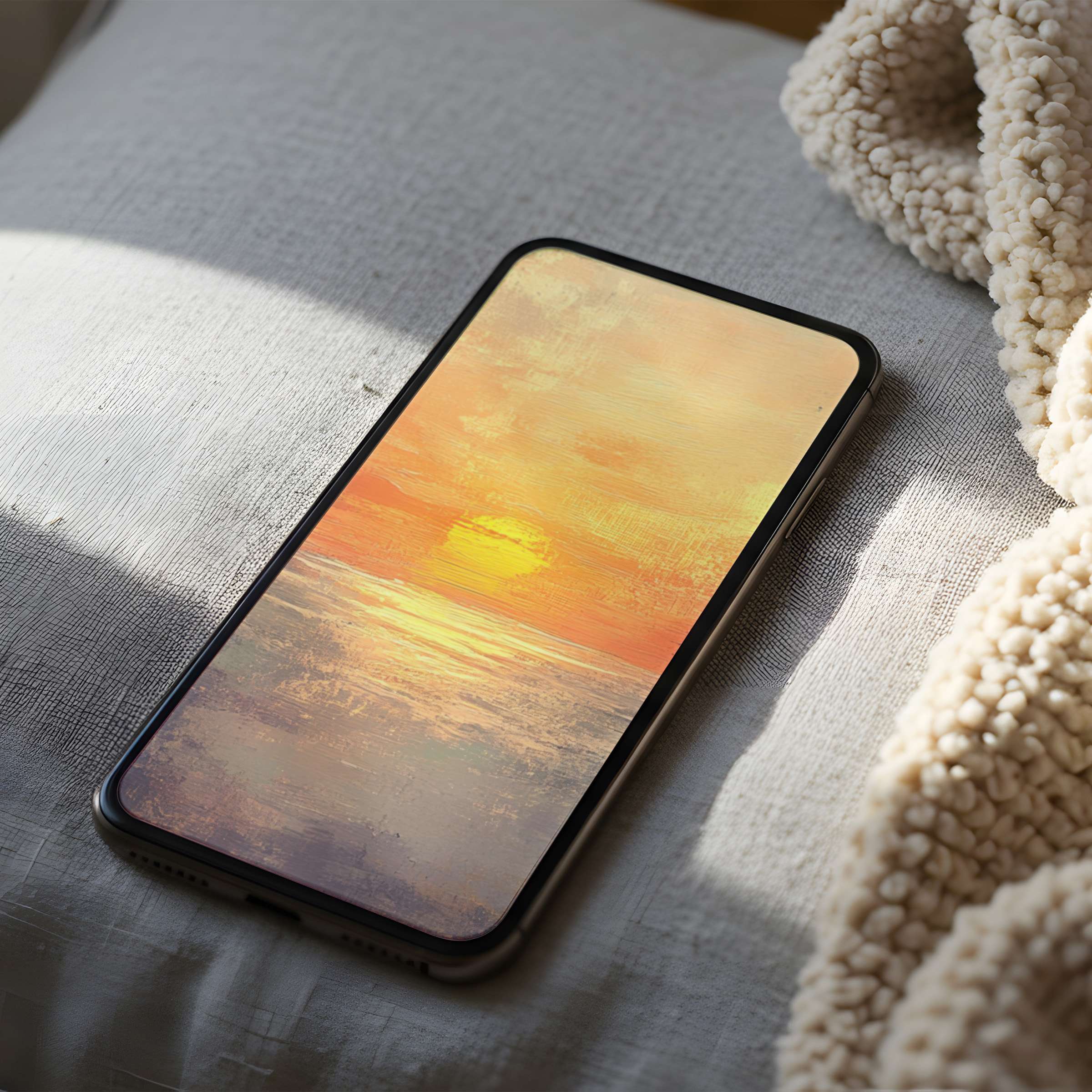 Elegant sunset phone wallpaper with serene ocean hues in high resolution, perfect for iPhone and Android, a calming digital download