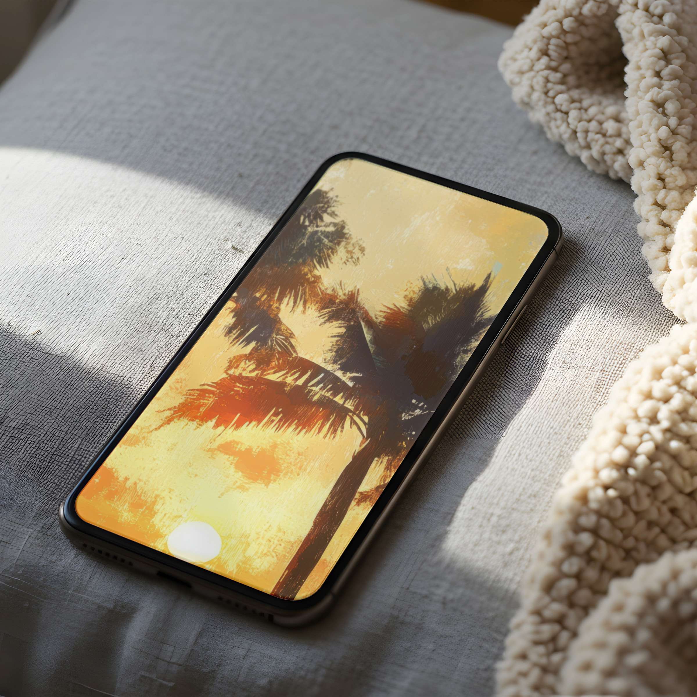 Sunset-inspired phone wallpaper featuring warm hues and palm silhouettes on an iPhone, offering serene, high-resolution digital download