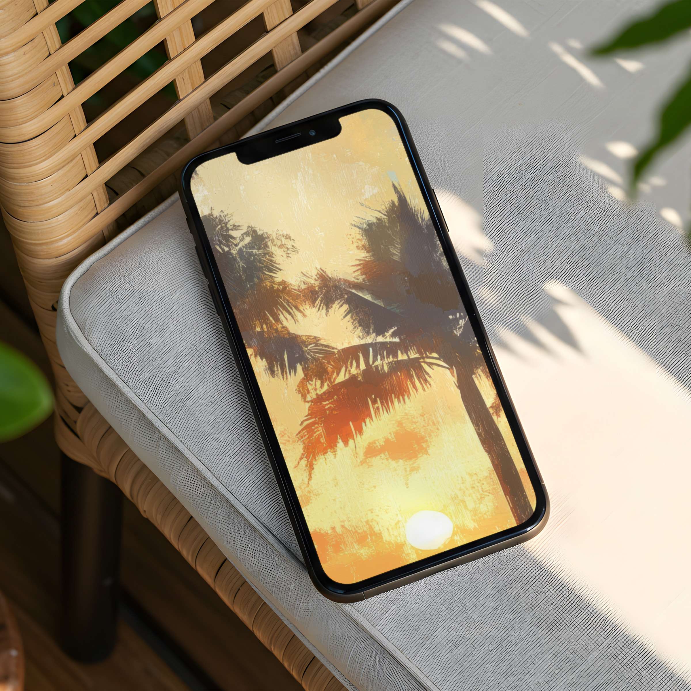 Elegant iPhone background with tropical sunset palm trees offers instant download for phone screens inspiring calm and mindfulness