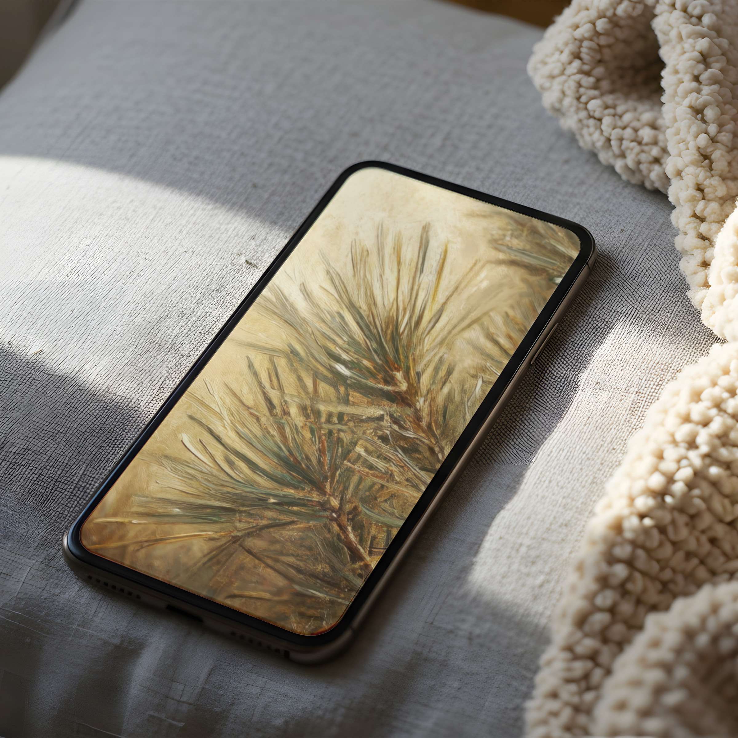 Elegant phone wallpaper featuring serene pine needles in muted tones, perfect high-resolution download for iPhone and Android phones