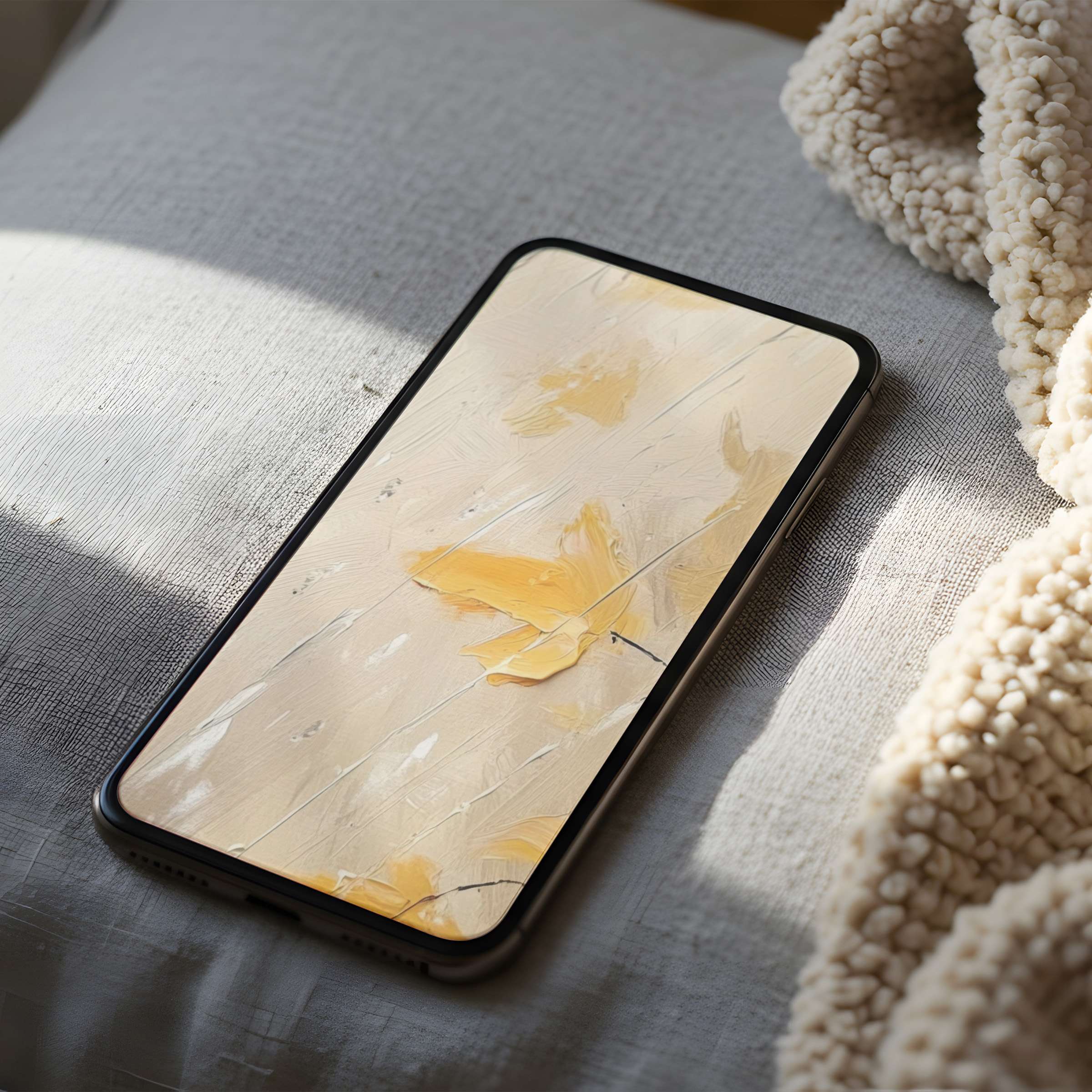 Elegant phone wallpaper featuring soft yellow abstract art on textured fabric background perfect for iPhone and android digital download