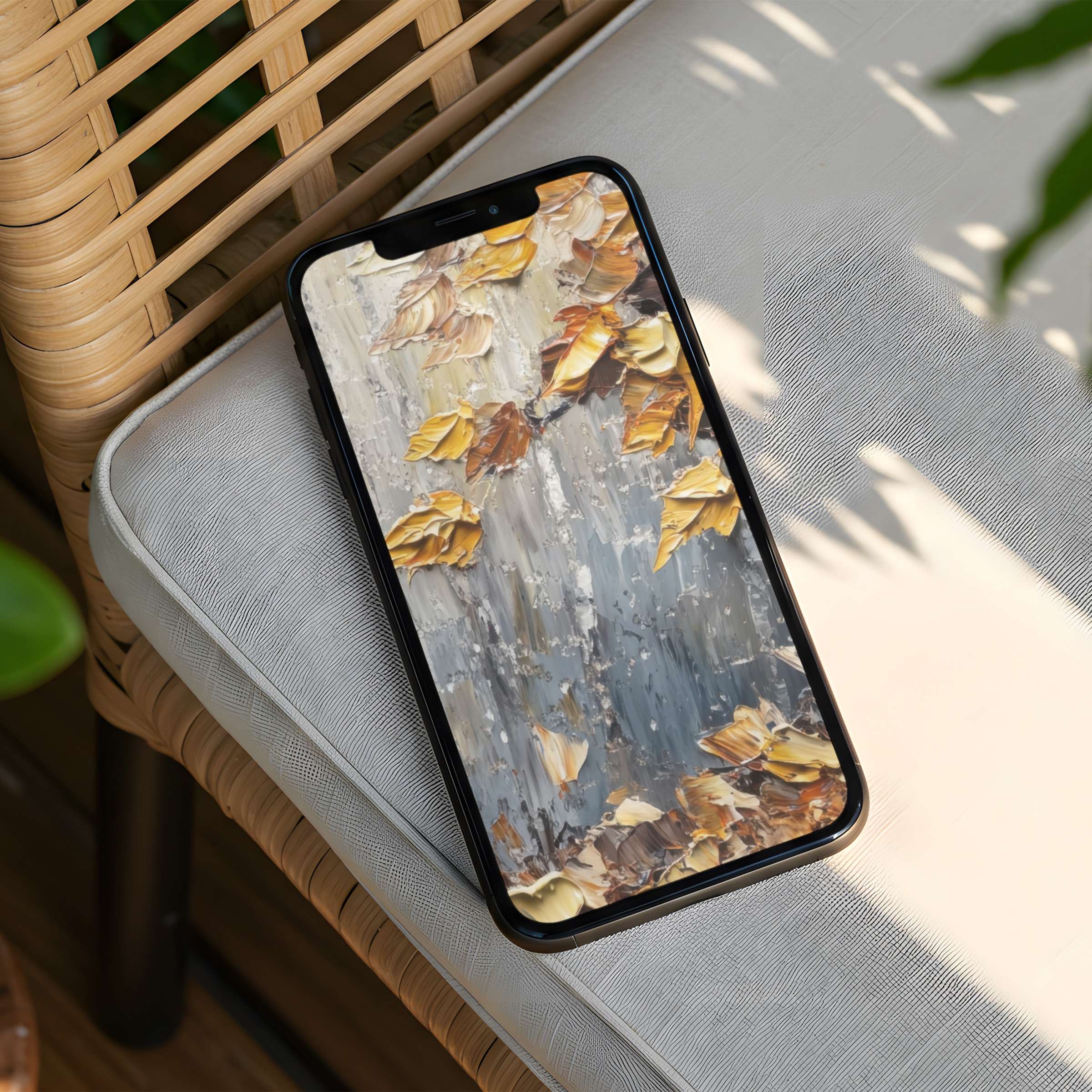 Elegant autumn leaves painting enhances mindfulness on this iPhone background phone wallpaper perfect for instant download users