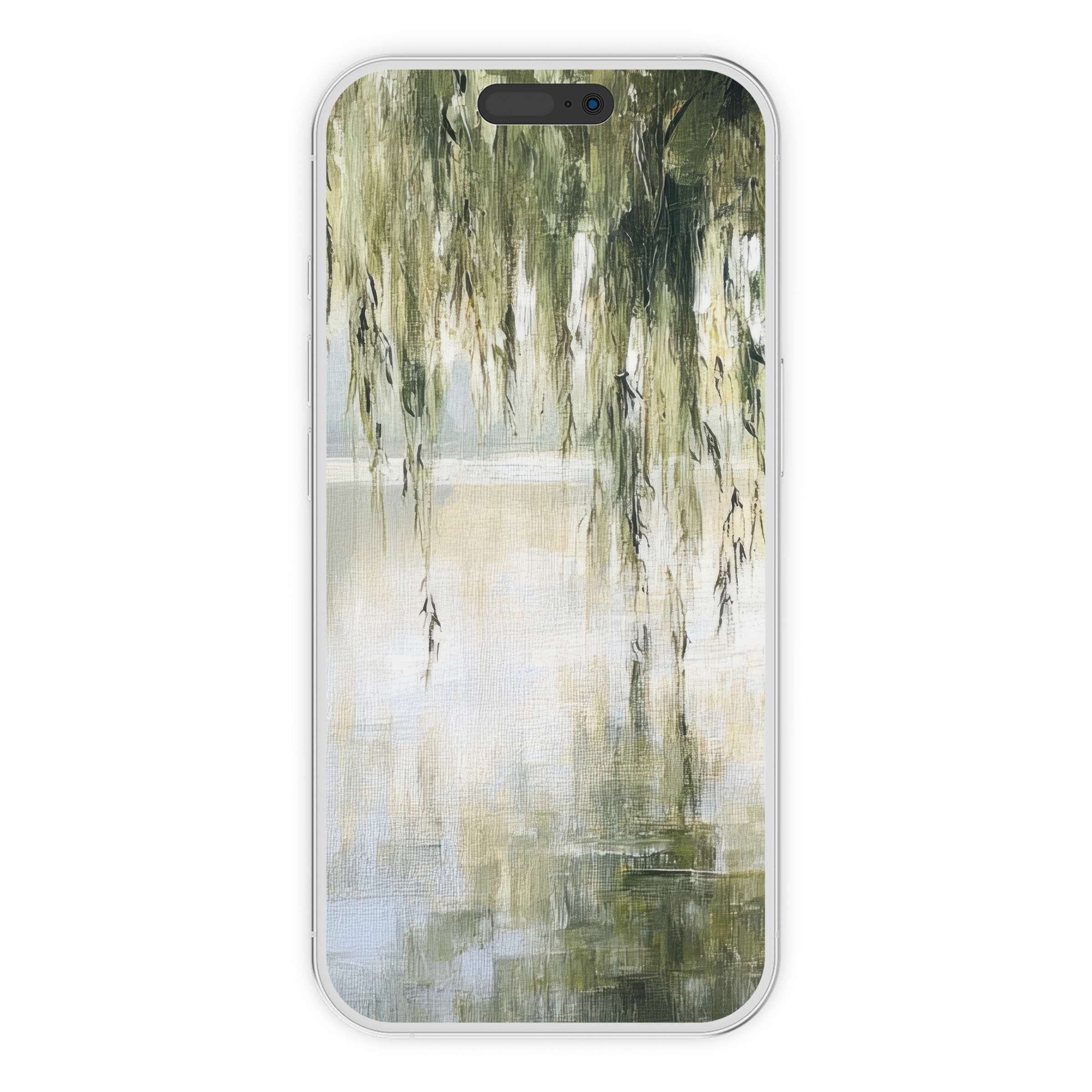 Elegant tree iPhone wallpaper featuring serene reflections in soft greens, perfect phone background digital download for artistic style