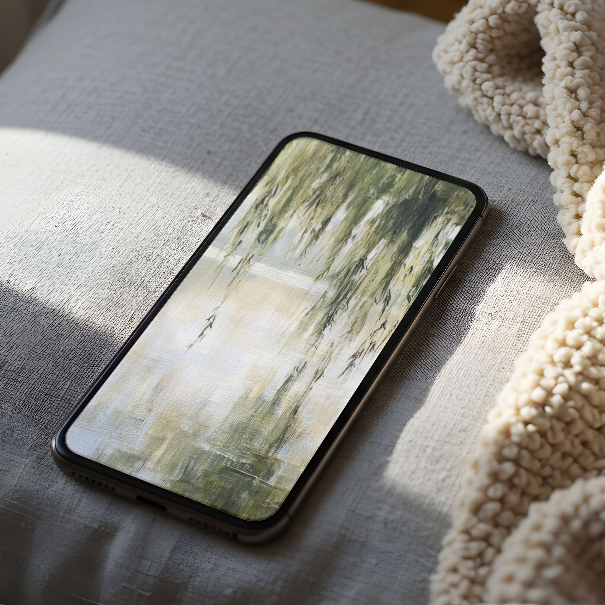 Serene green abstract phone wallpaper on iPhone, blending elegance with nature's calm, perfect for a soothing digital download experience