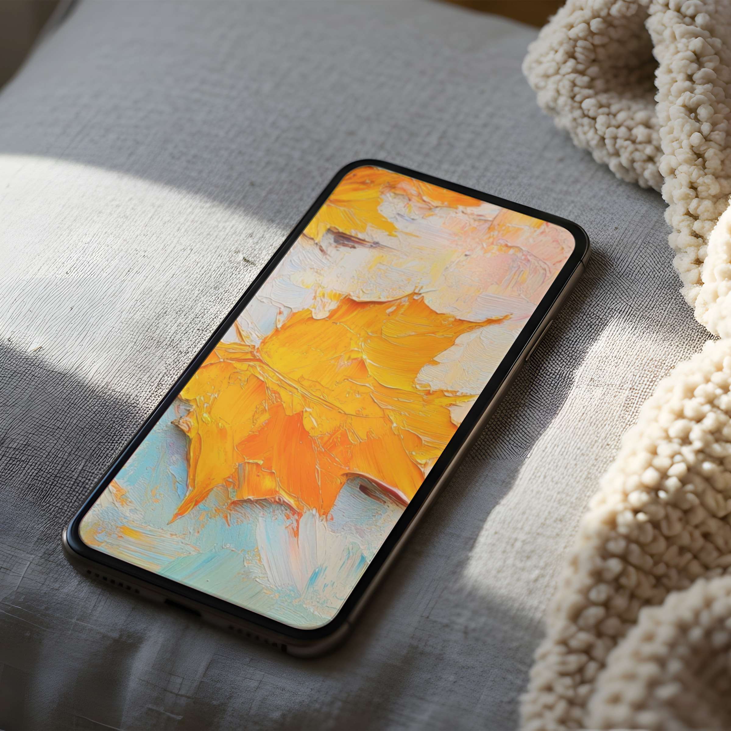 Elegant abstract phone wallpaper with vibrant yellow and orange hues captures artistic tranquility, perfect for iPhone and Android screens