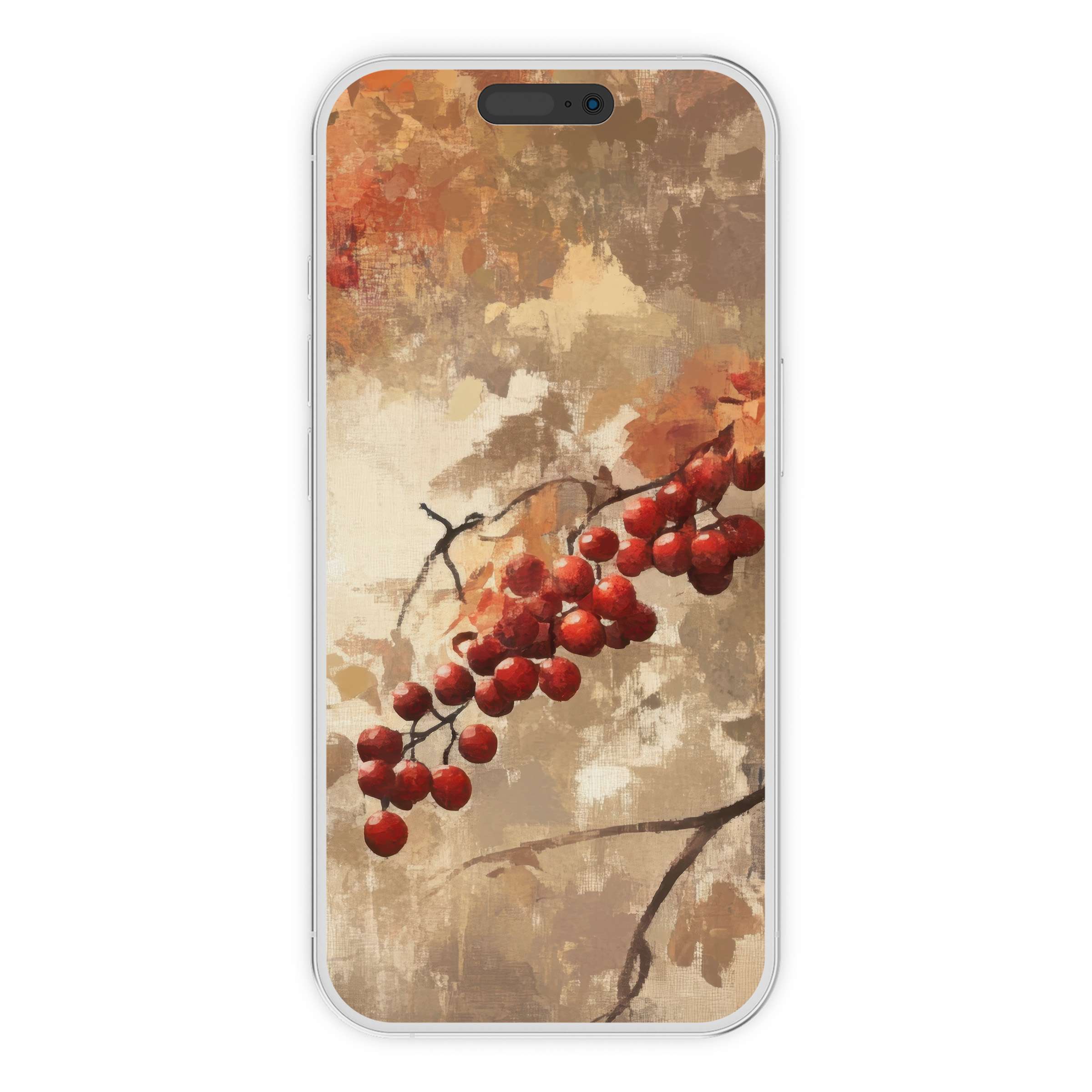 Warm abstract tree iPhone wallpaper with red berries painting, ideal phone background for calm digital download and artistic flair