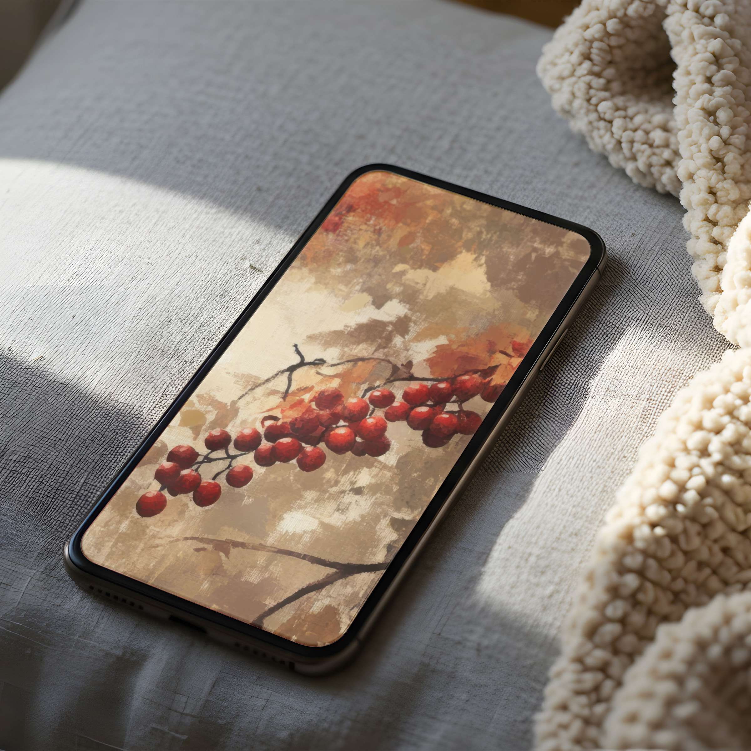 Elegant autumn-inspired phone wallpaper features vibrant red berries against a textured canvas, perfect for iPhone or Android users seeking tranquility