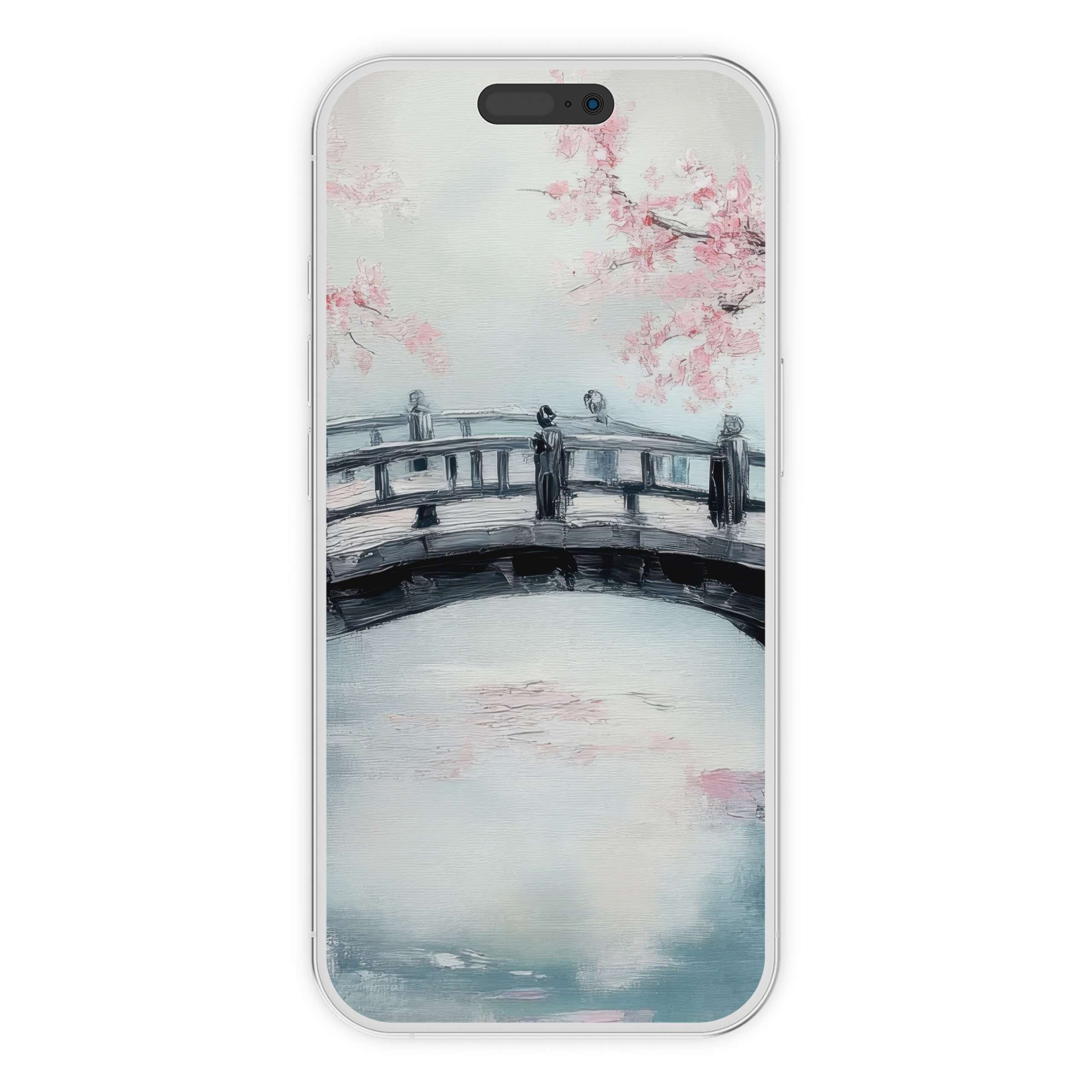 Elegant tree iPhone wallpaper with serene pastel bridge scene for phone background digital download creating calm elegance