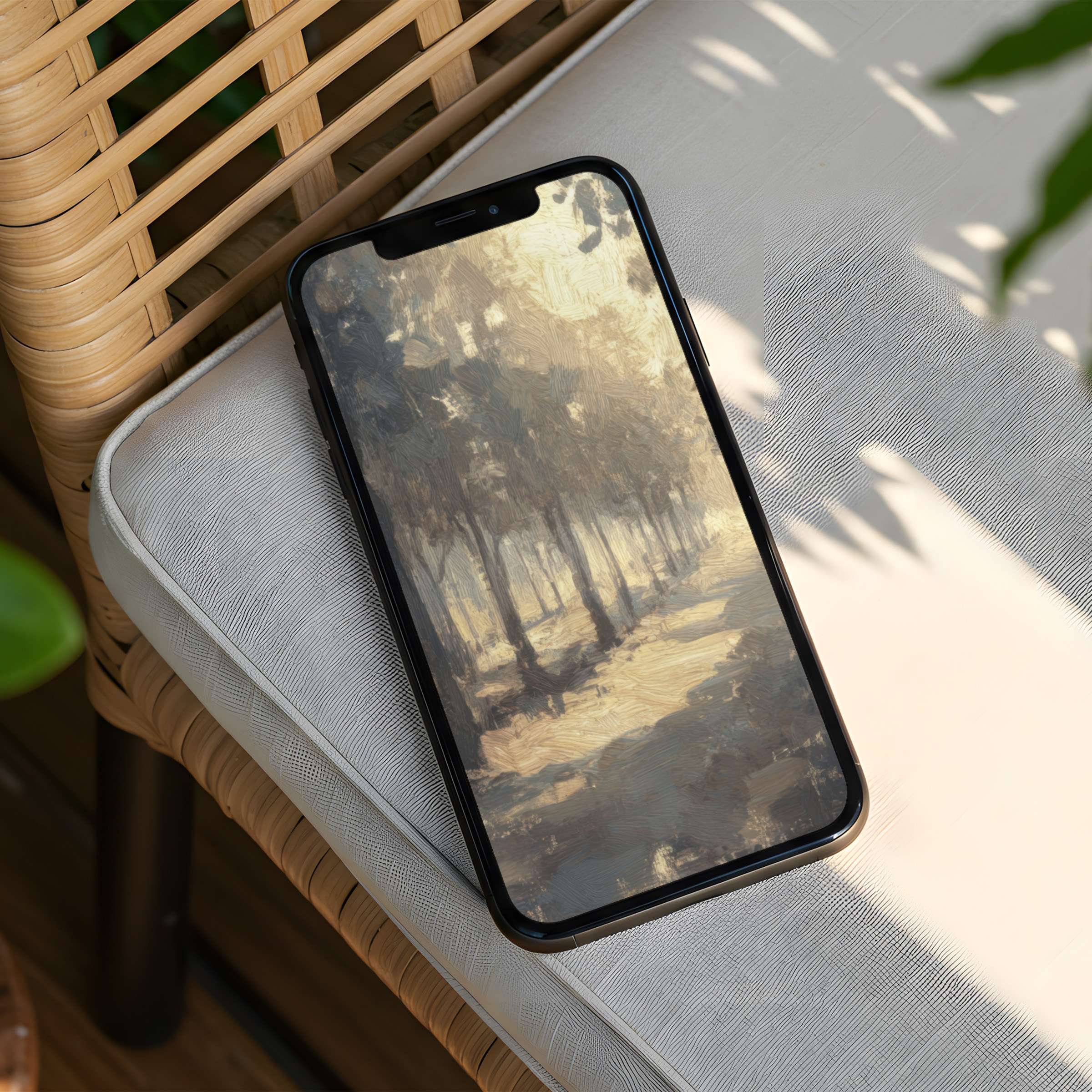 Elegant iPhone background featuring a serene forest path in soft hues offers calm inspiration for instant download to your phone