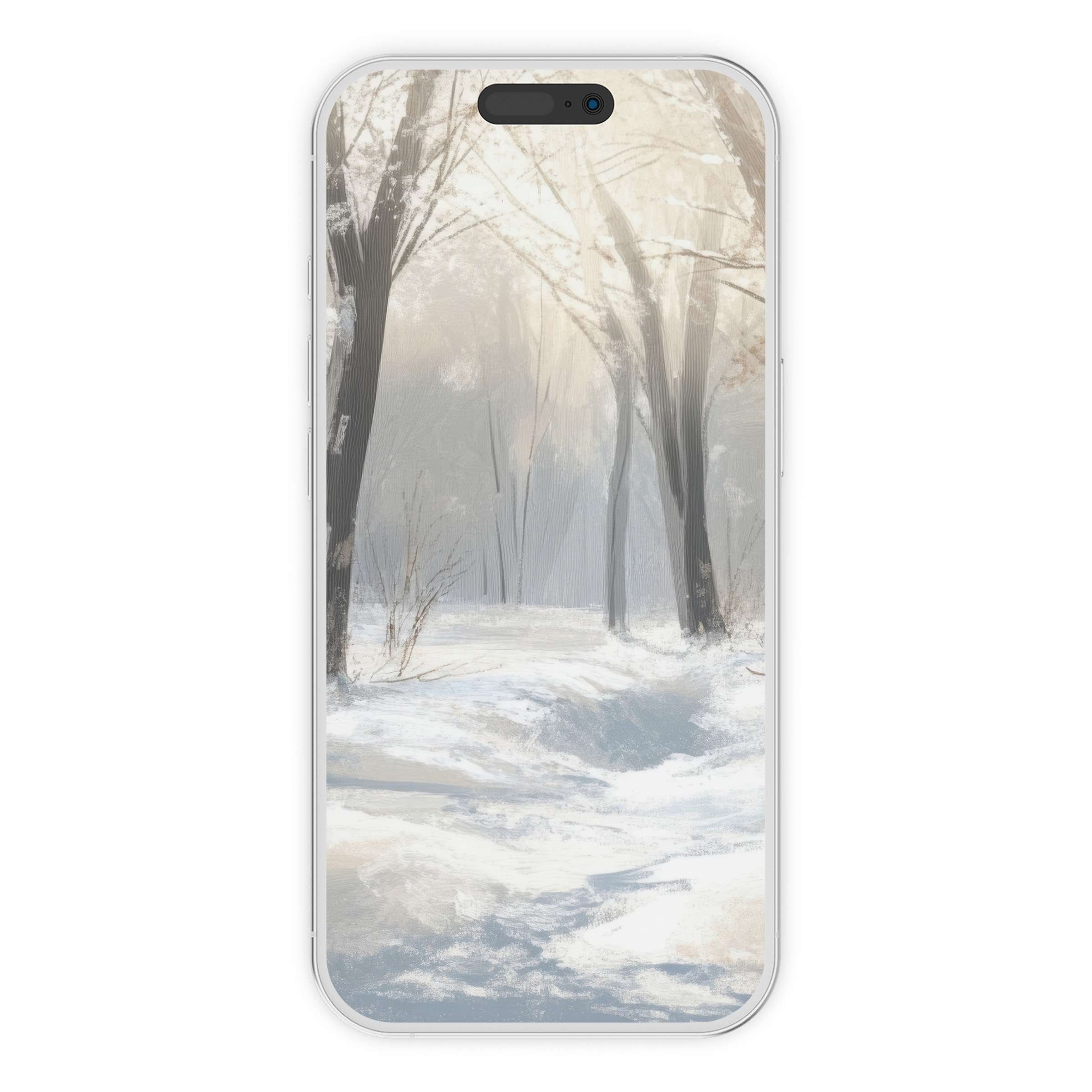 Tranquil winter scene of snow-covered trees in digital art enhances your phone with calming tree iPhone wallpaper background download