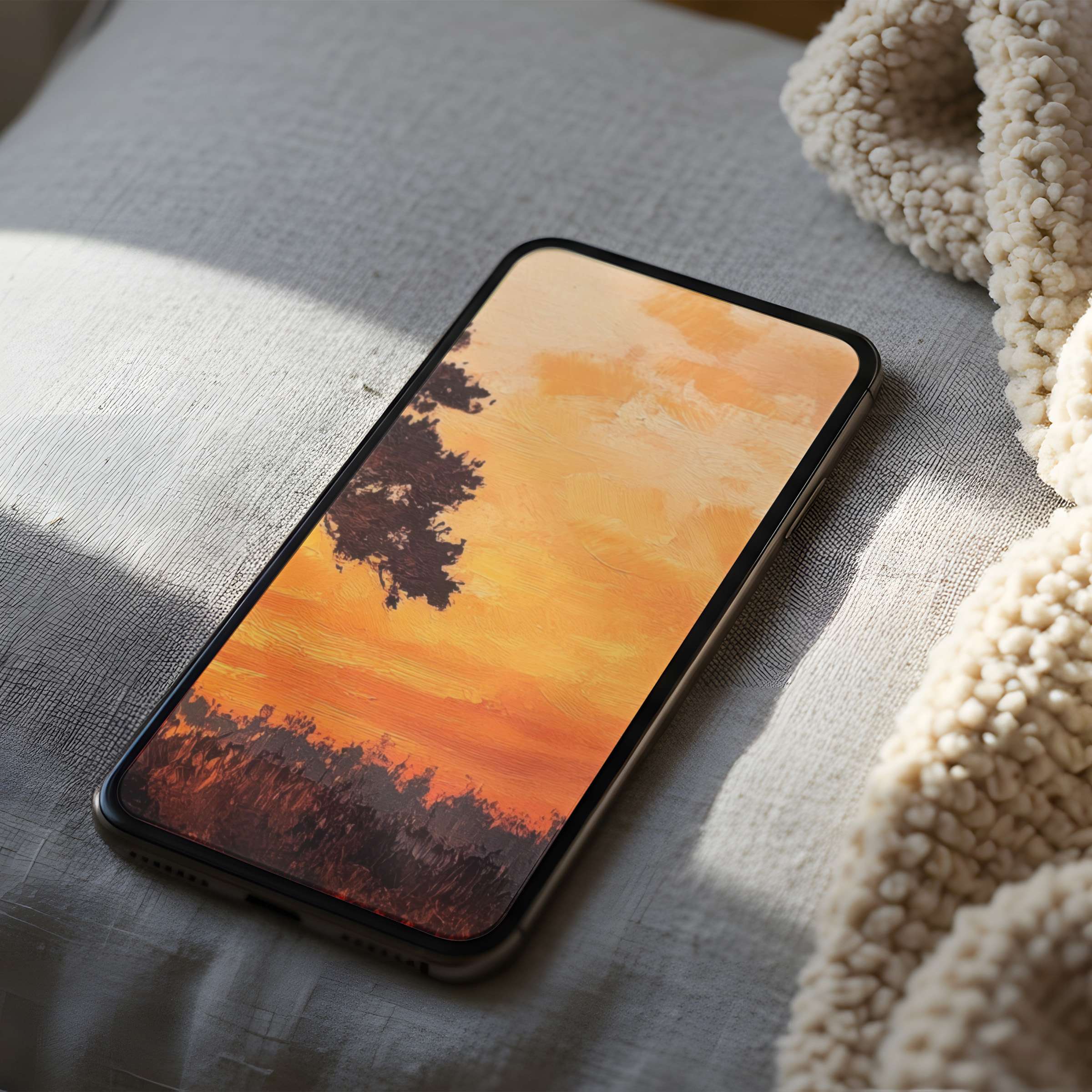 Elegant sunset-themed phone wallpaper with rich orange hues and tree silhouette, perfect for iPhone download, enhancing calm spaces