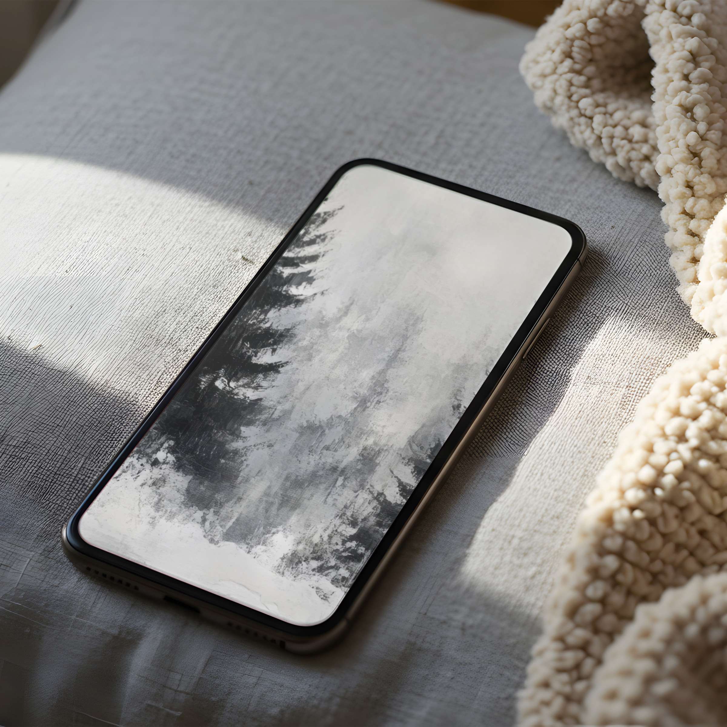 Serene forest phone wallpaper in soft grayscale adds tranquility and style to your iPhone or Android, perfect for a high-resolution download
