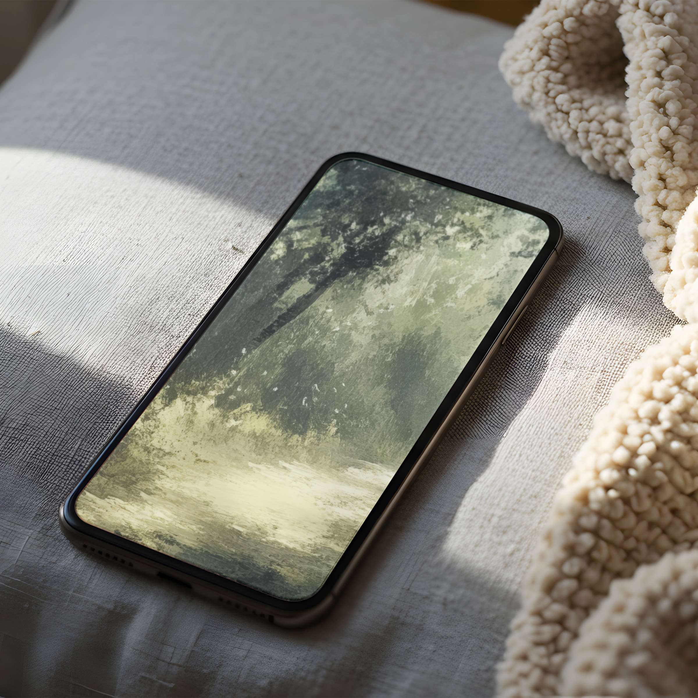 Elegant phone wallpaper art featuring calming green and beige tones in a nature motif, ideal high-resolution download for iPhone and Android