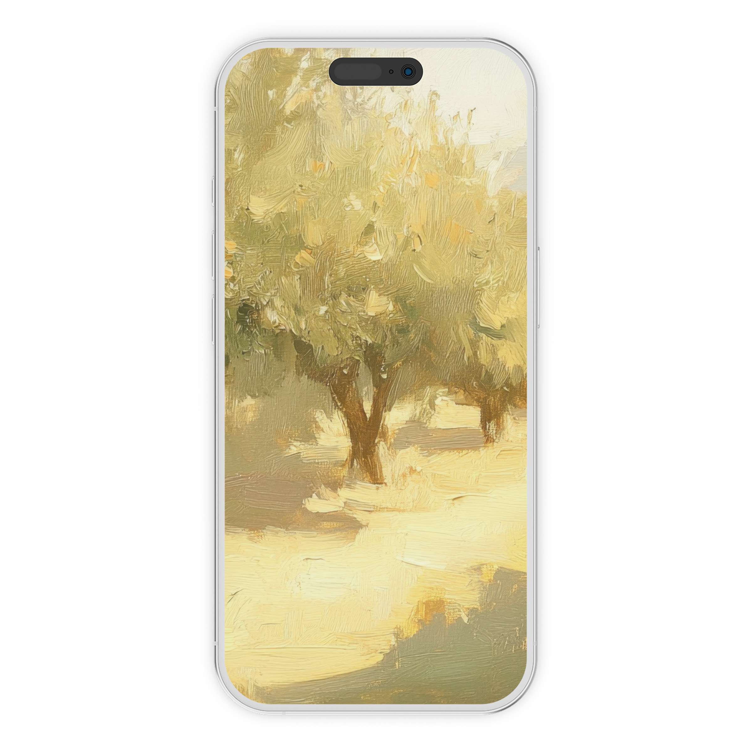 Elegant tree iPhone wallpaper with soft brushstrokes offers a serene phone background for digital download and nature-inspired design