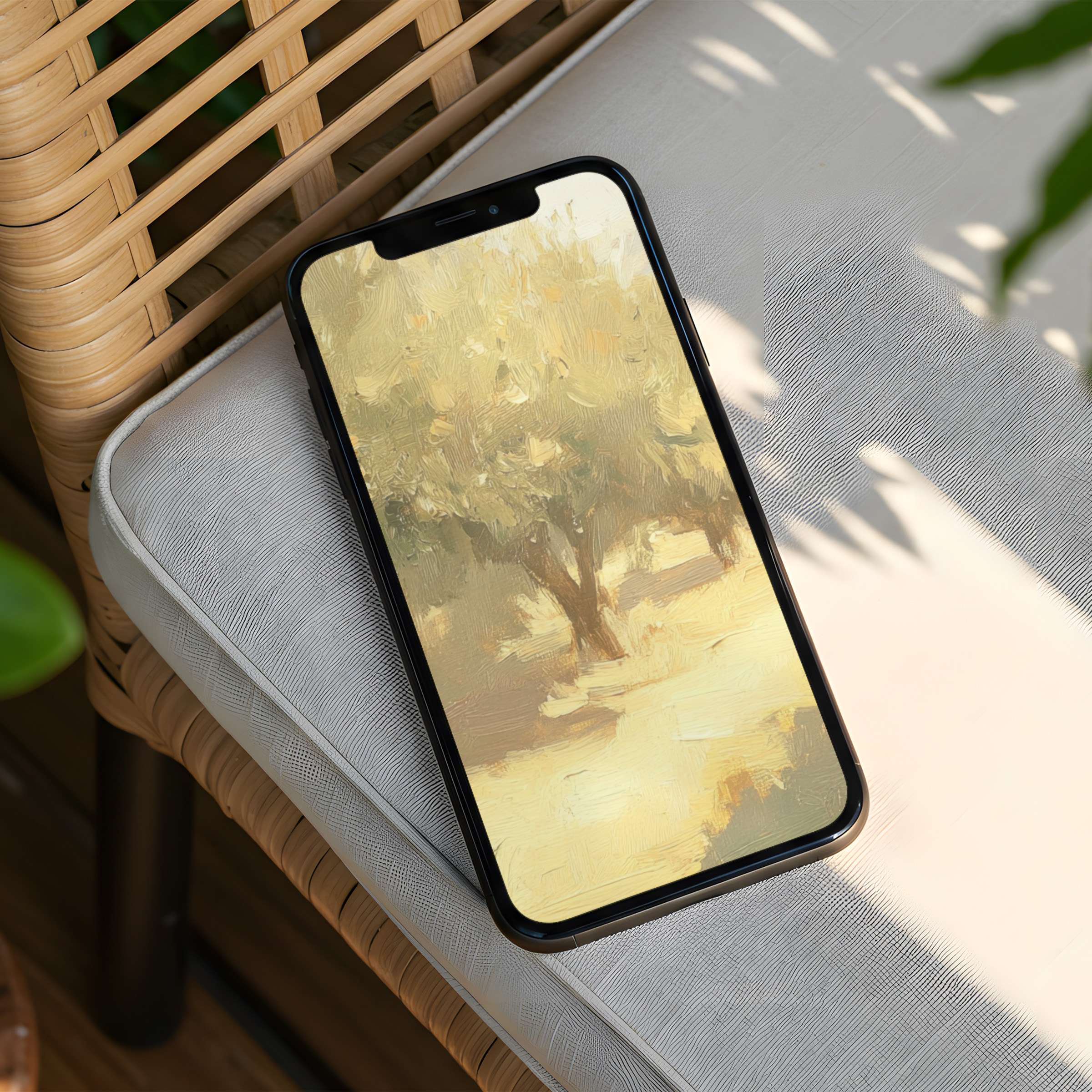 Elegant iPhone background featuring serene, sunlit tree art offers instant download for phone users seeking mindfulness and beauty