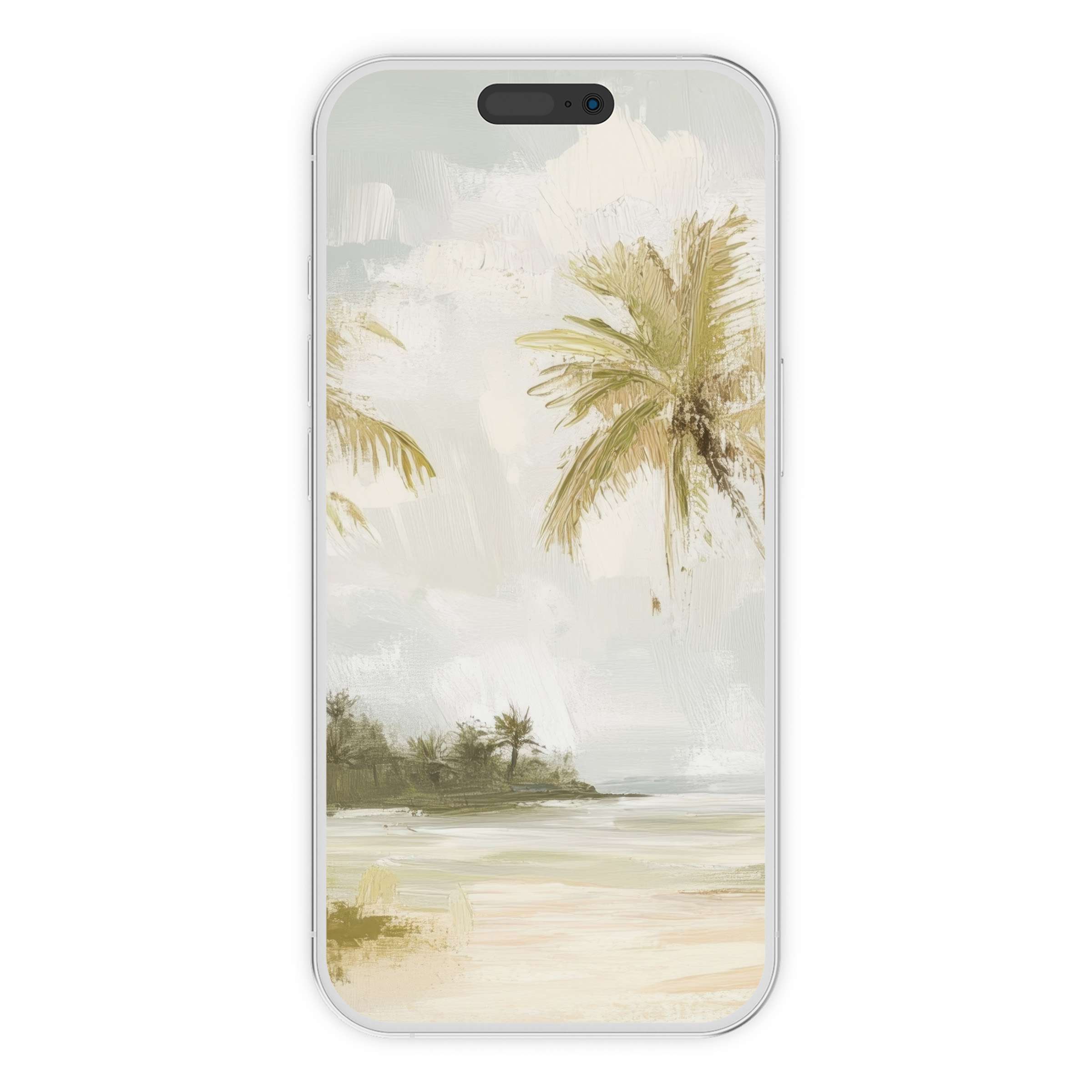Serene coastal scene with palm trees as tree iPhone wallpaper for phone background digital download offers calm elegance and versatility