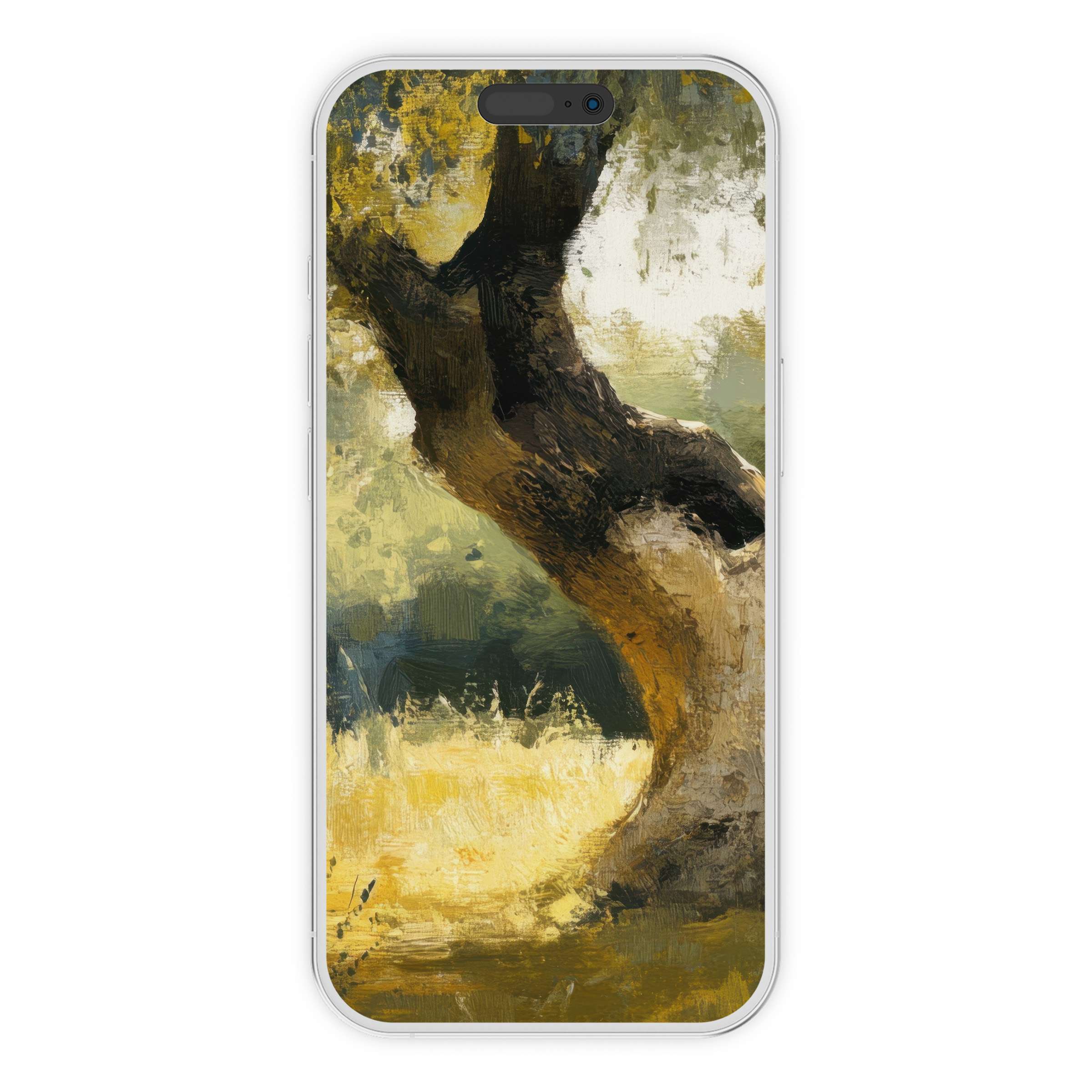 Elegant tree iPhone wallpaper with warm hues and textured brushstrokes, perfect digital download for phone backgrounds and serene aesthetics