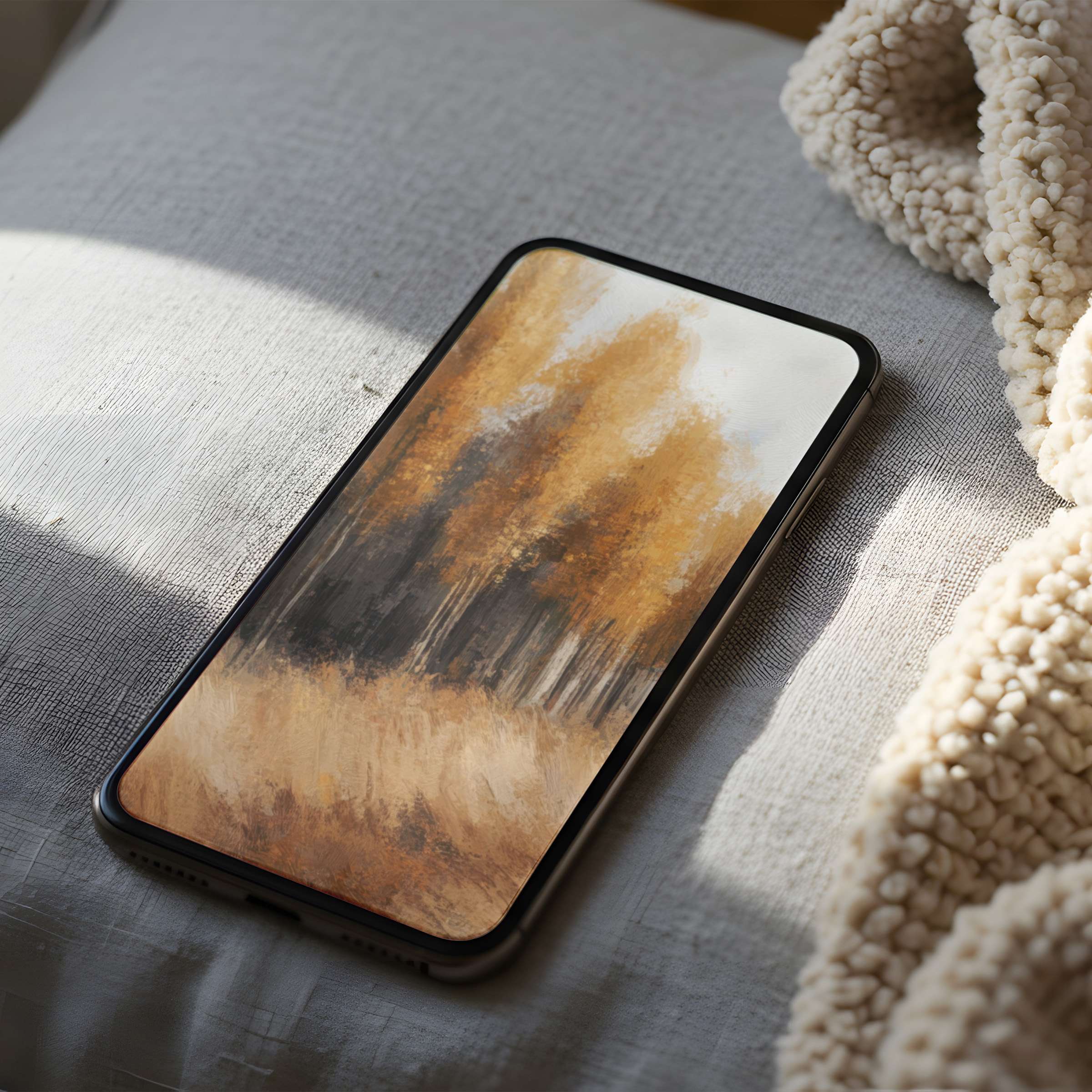 Elegant phone wallpaper featuring serene autumn trees in warm tones, perfect for iPhone and Android phones, high resolution download