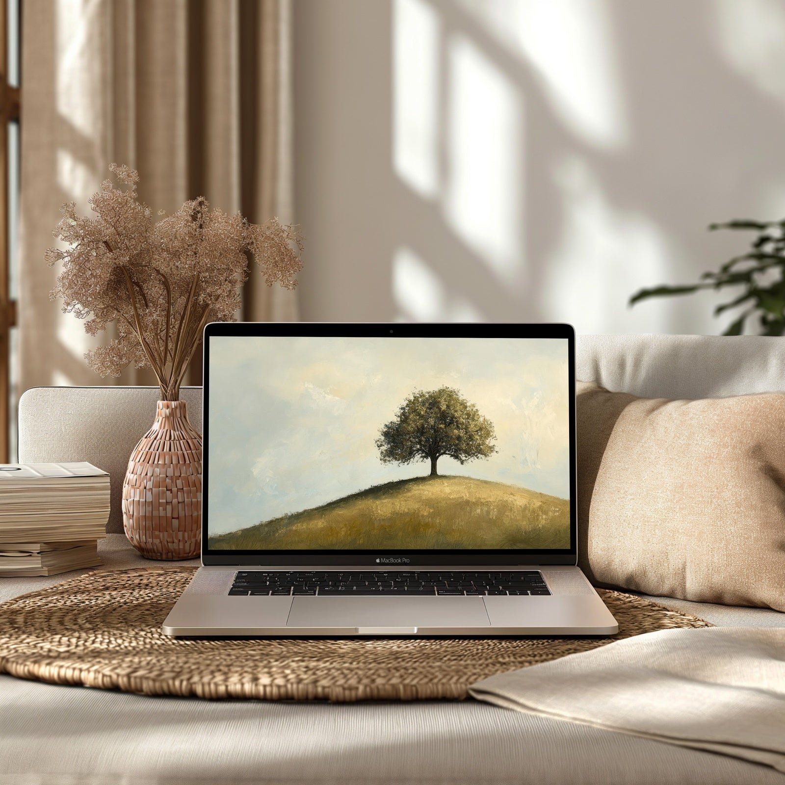 Tree desktop wallpaper featuring a single green tree on a sunlit hill under a soft sky, displayed on a MacBook Pro in a cozy modern living room - perfect for creating a calm and nature-inspired workspace