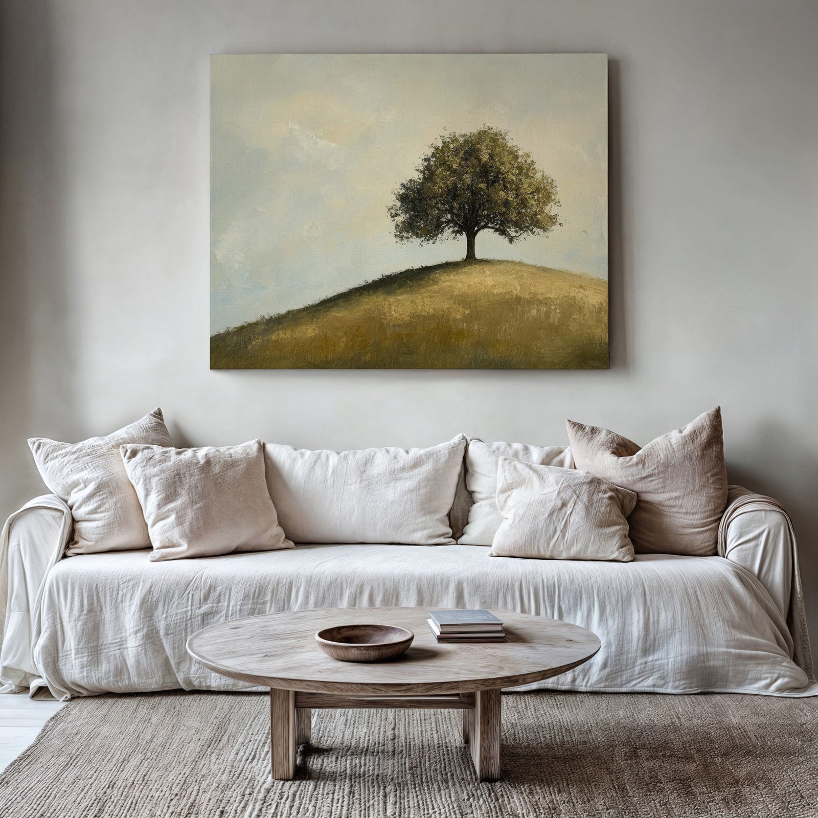 Minimalist living room with neutral tones featuring a framed art print of a lone tree on a hill, hanging above a beige sofa with soft cushions and a wooden coffee table