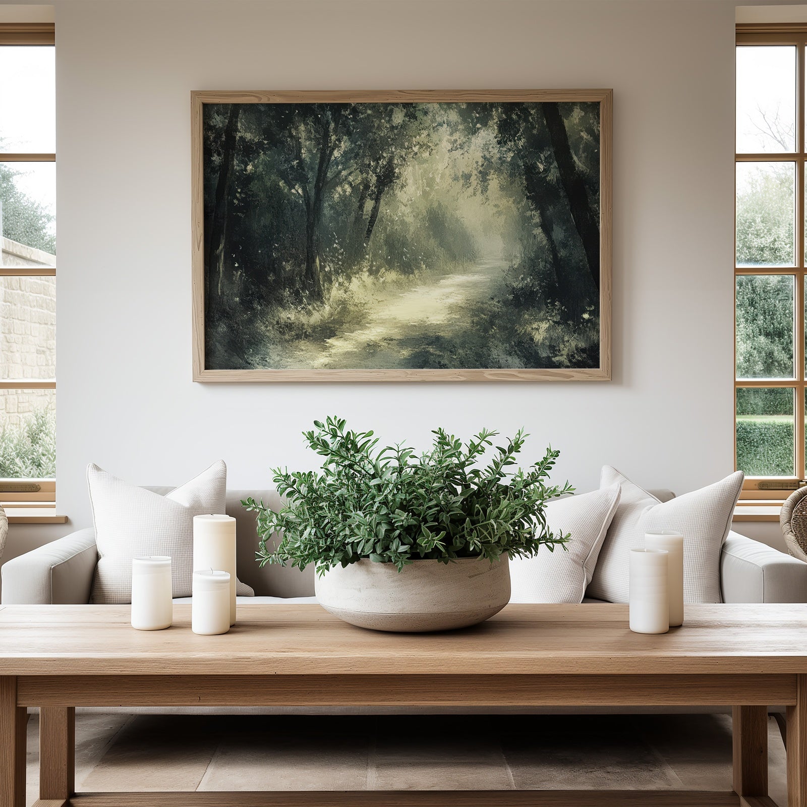 Trees printable wall art featuring a serene forest path bathed in soft light, framed above a wooden table with greenery and candles in a modern living room