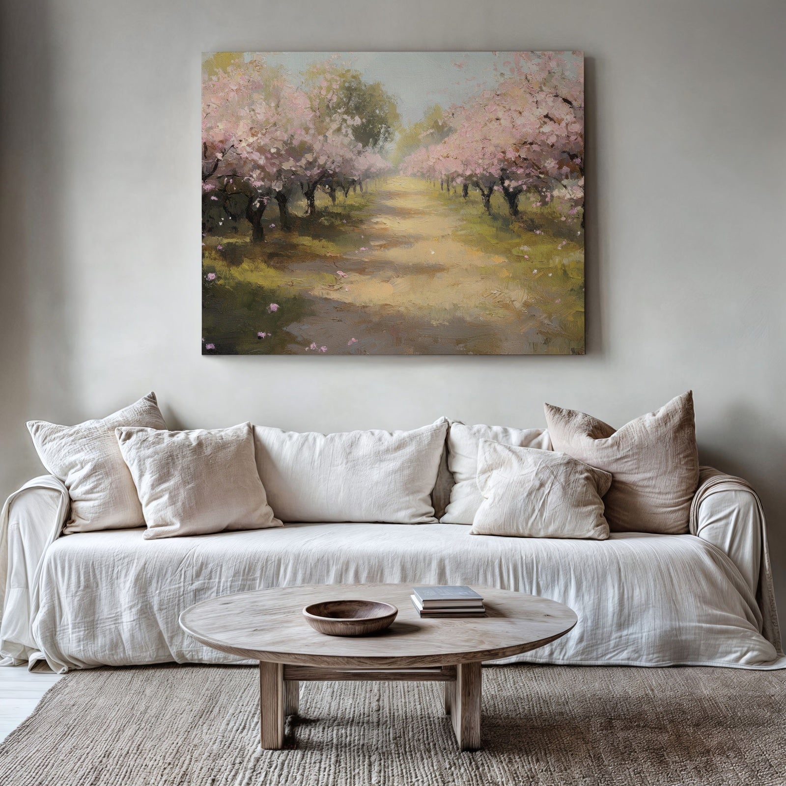A serene nature artwork featuring a sunlit pathway lined with blooming pink trees in early spring, creating a peaceful and romantic atmosphere - perfect for adding warmth and gentle color to a modern living room