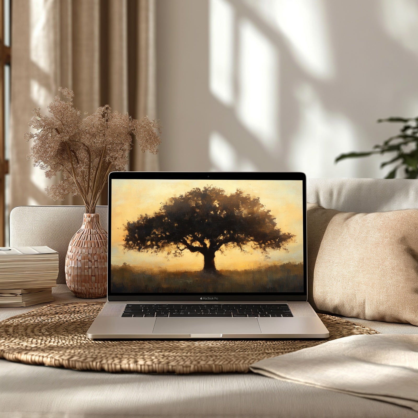 A serene desktop wallpaper featuring a majestic tree bathed in soft golden light at sunrise. The warm tones and painterly texture evoke peace and grounding energy, making it a perfect digital backdrop for calm, nature-inspired workspaces