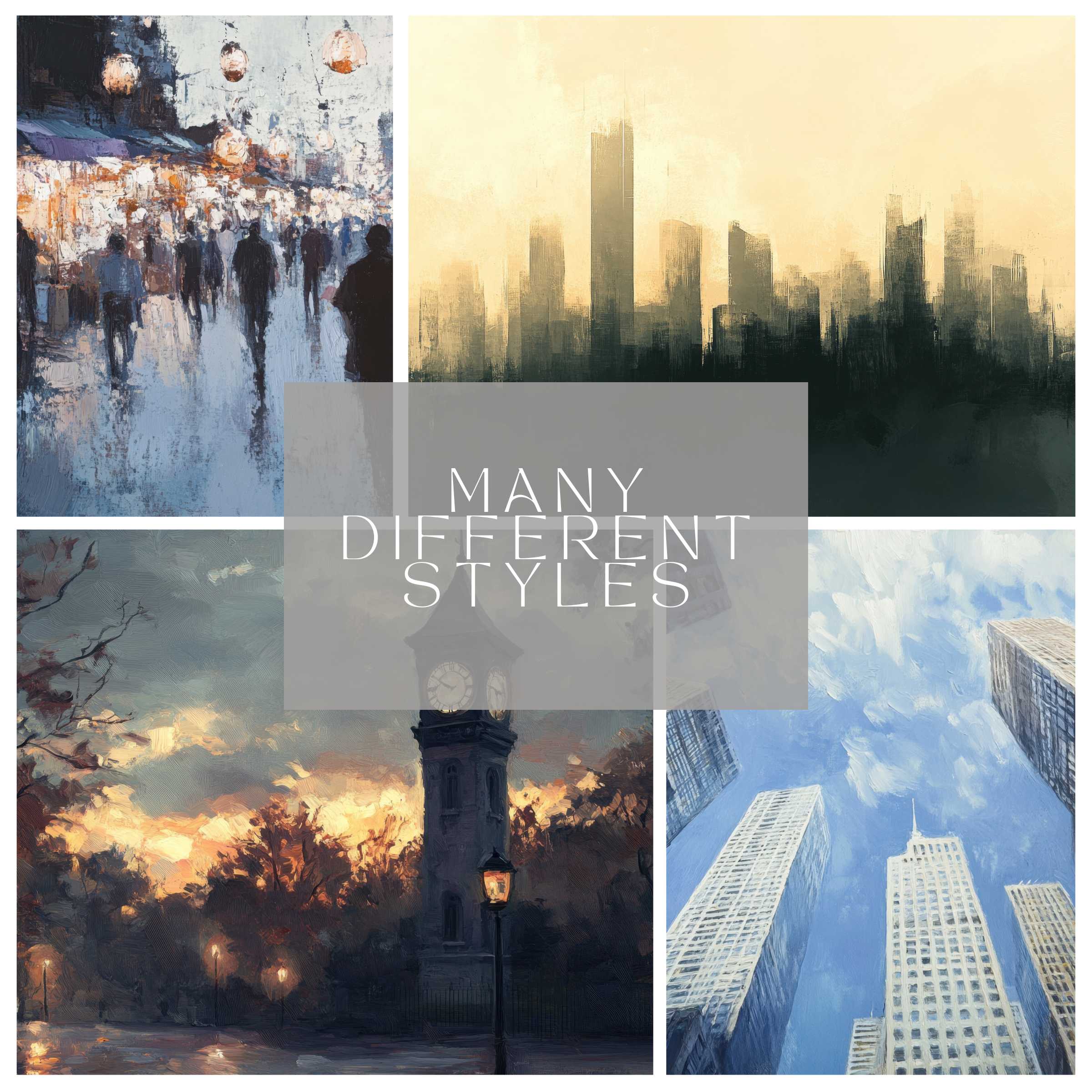 Elegant cityscape computer background art in varied styles with serene tones, ideal for high-resolution Mac screens, digital download