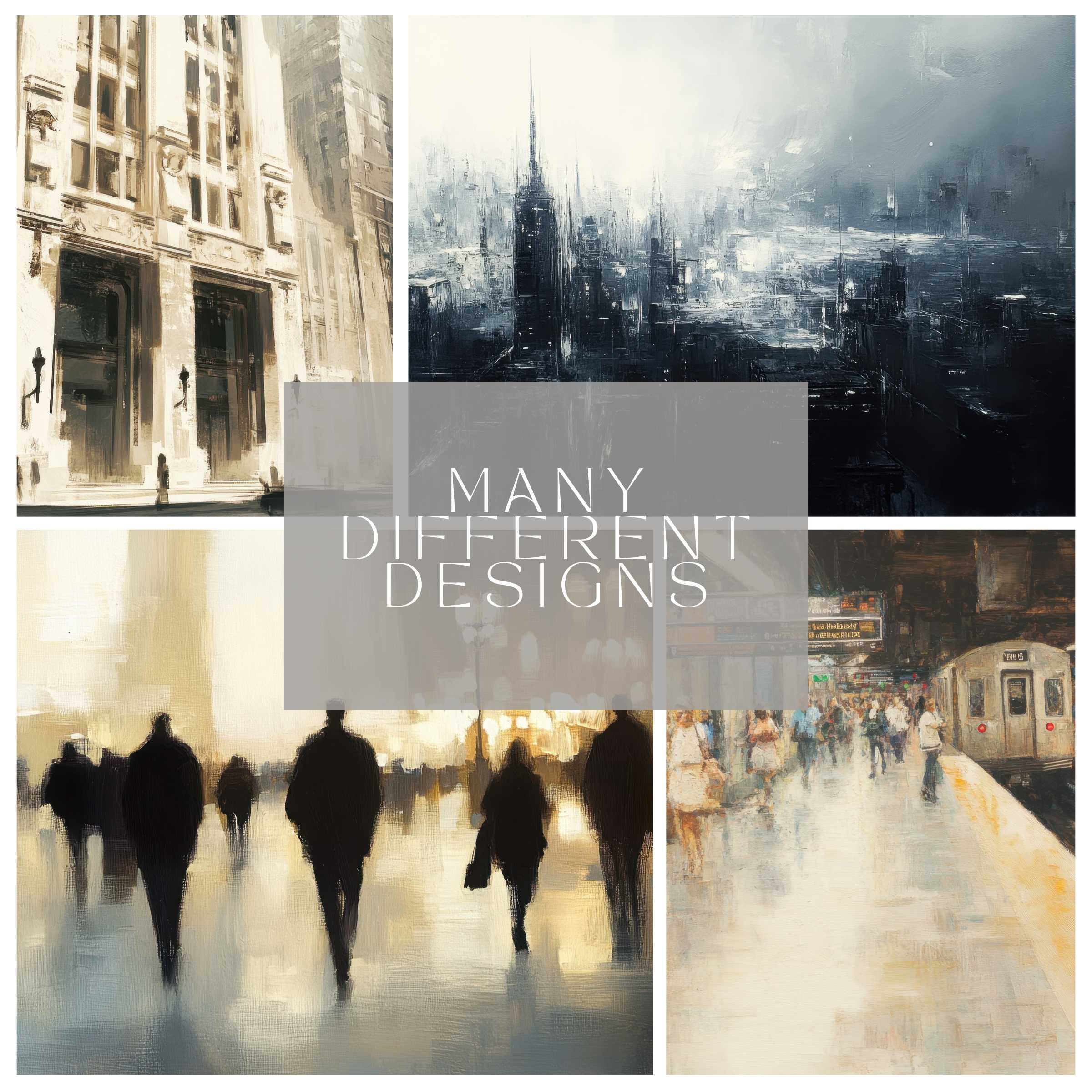 Romantic cityscapes in beige, blue, and sepia tones create calming wallpapers for computer use with instant download option available