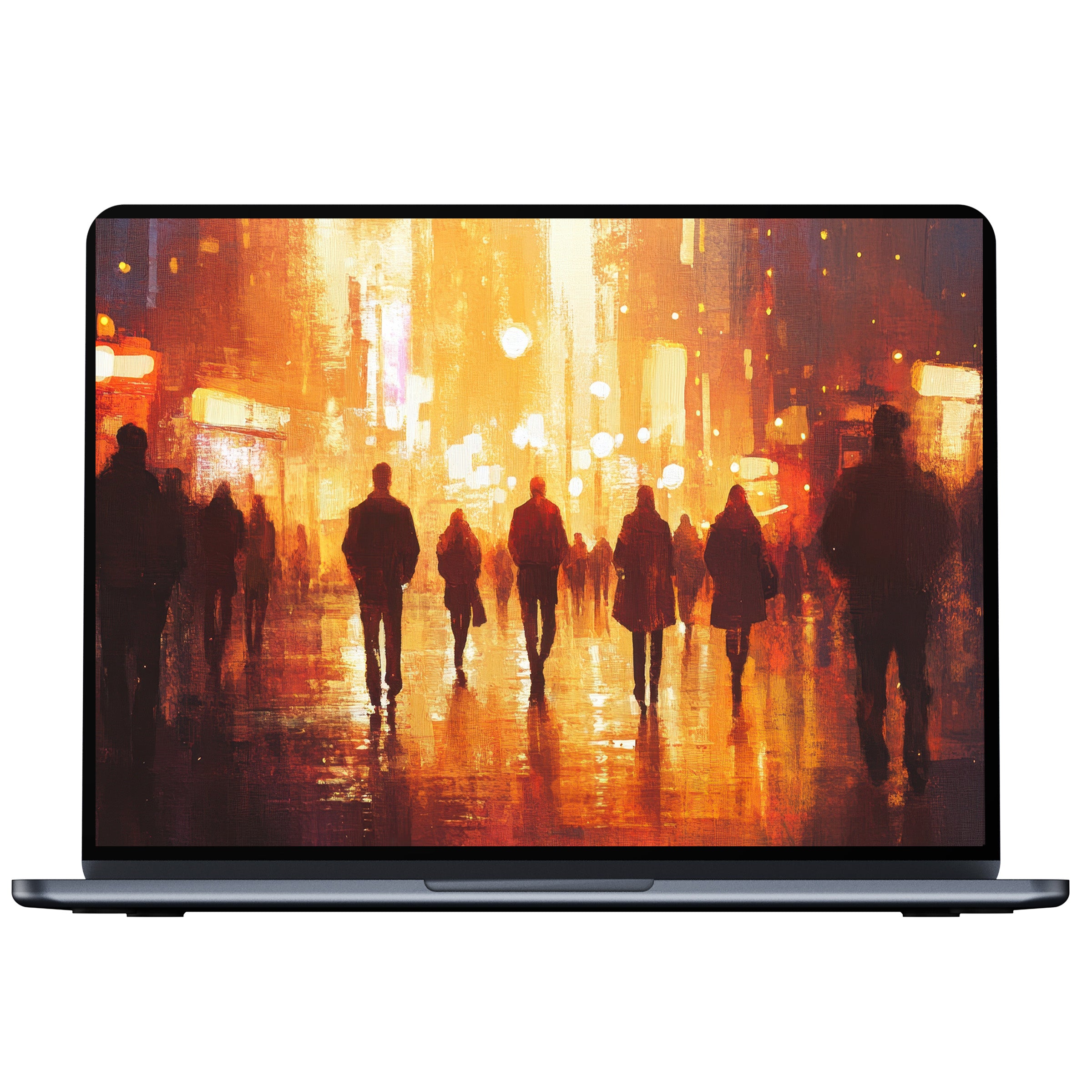 Vibrant urban art desktop wallpaper featuring silhouettes in a glowing cityscape digital download ideal for PC and laptop screens