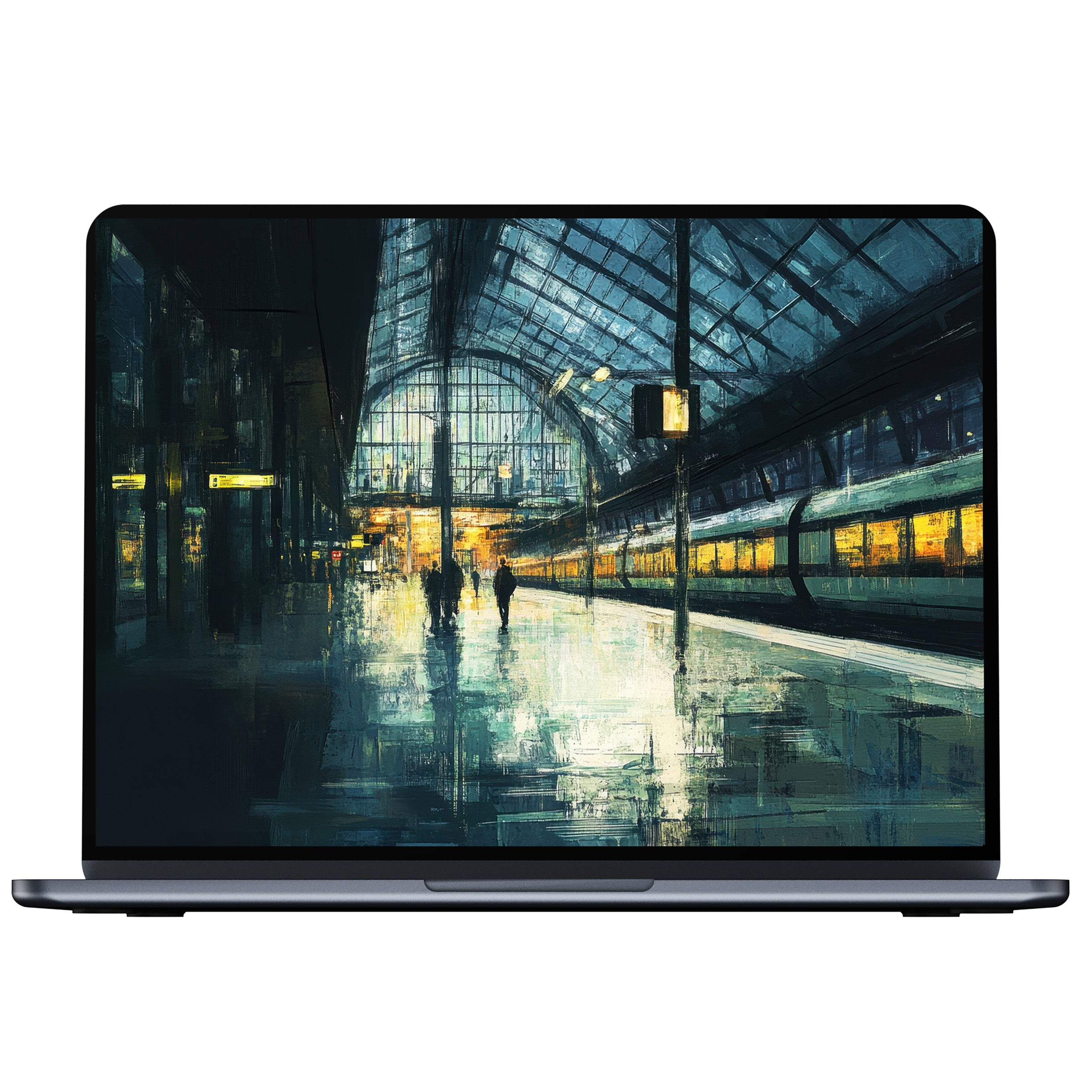 Urban art desktop wallpaper with moody hues captures a serene train station, ideal for digital download on PC or laptop