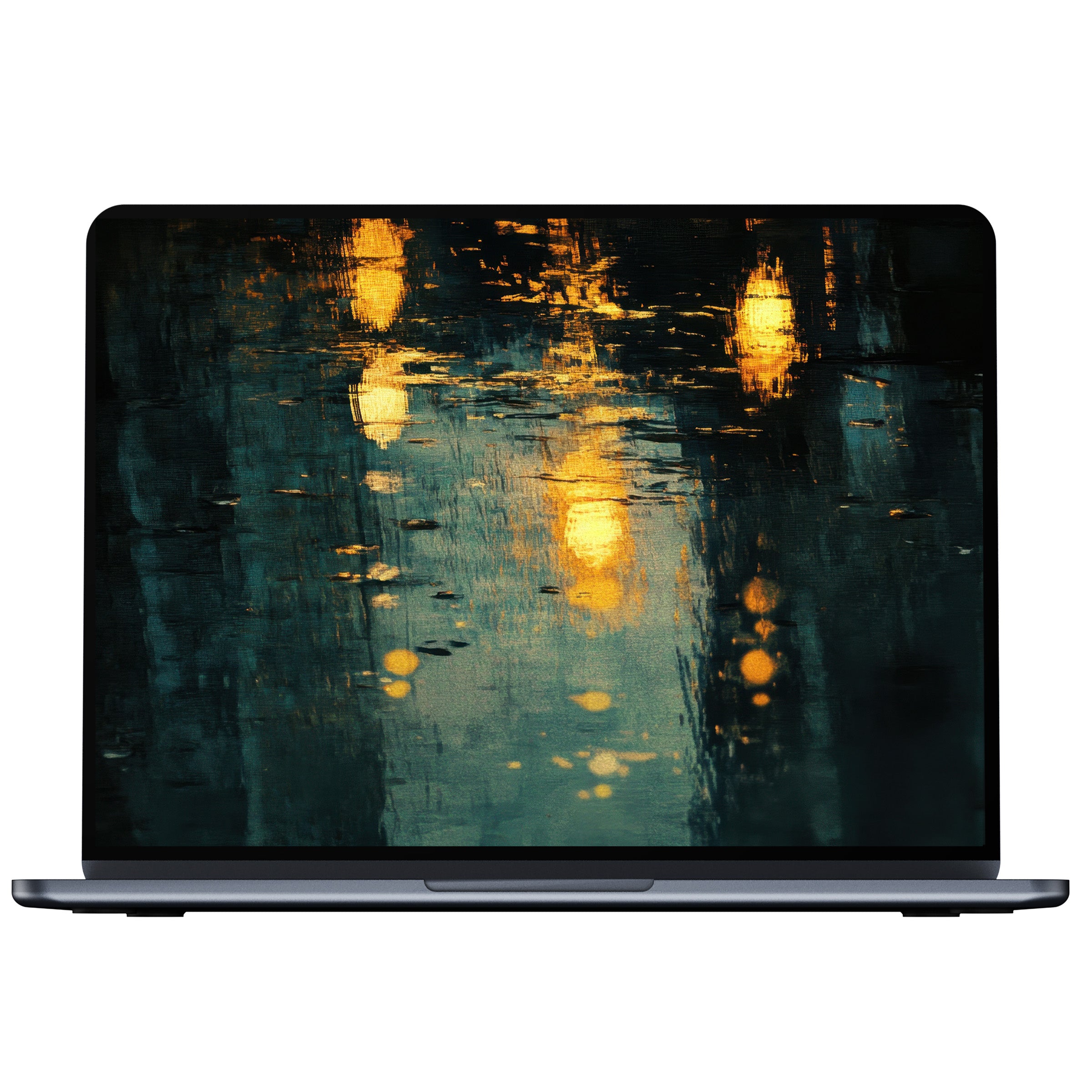 Urban art desktop wallpaper with glowing reflections in calm blues and golds digital download for PC, laptop, and Mac