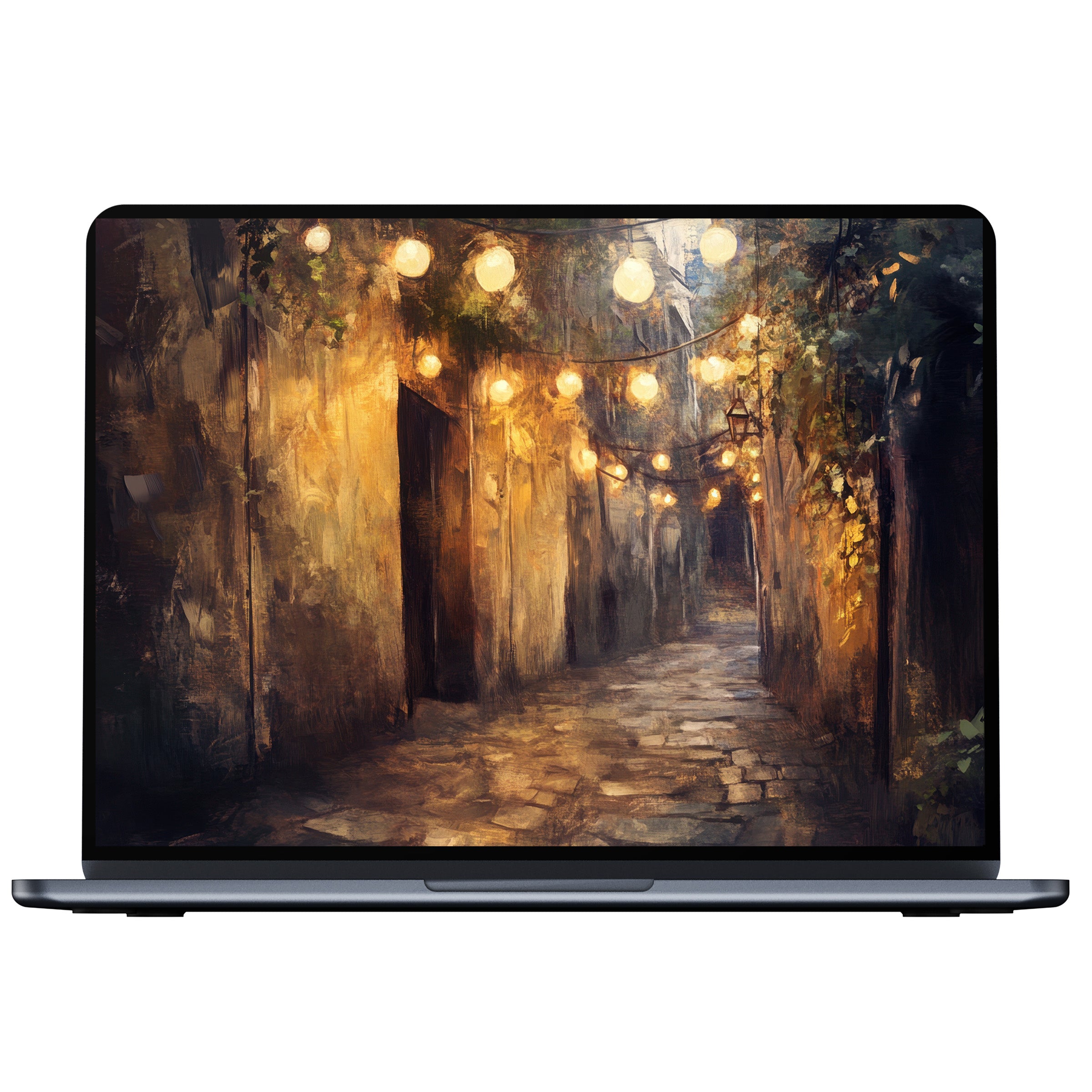 Urban art desktop wallpaper featuring a dreamy alley with warm lights, perfect for PC or laptop digital download elegance