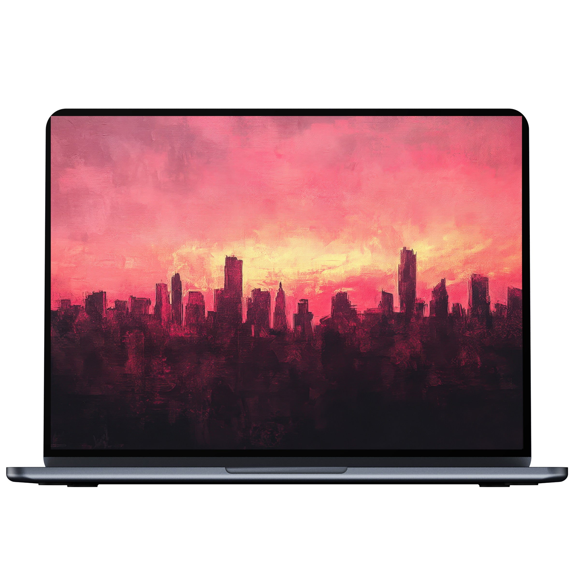 Urban art desktop wallpaper featuring a vibrant city skyline against a pink sunset ideal for digital download on PC or laptop