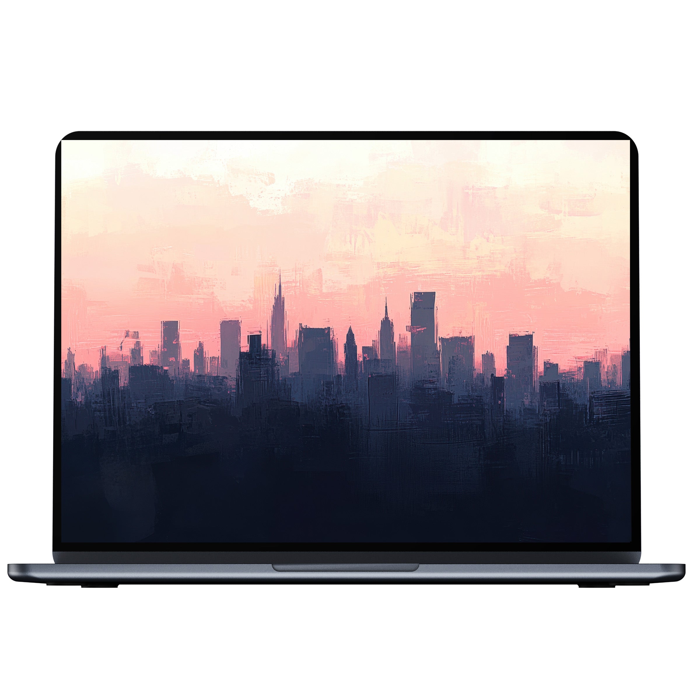 Urban art desktop wallpaper featuring a serene city skyline against a pastel sunset for digital download on PC or laptop