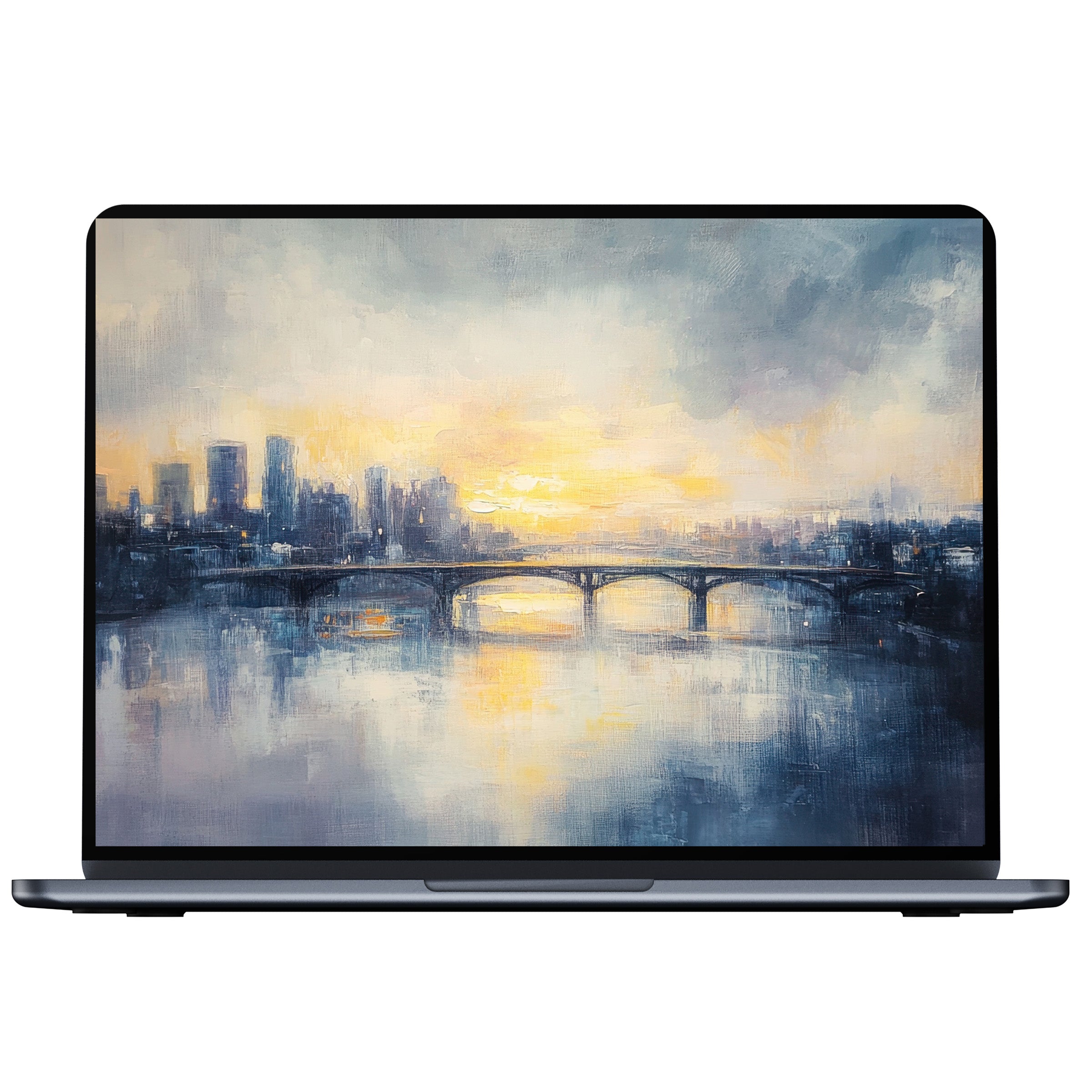Urban art desktop wallpaper with serene skyline at dusk, offering calm inspiration for PC, laptop, and digital download seekers