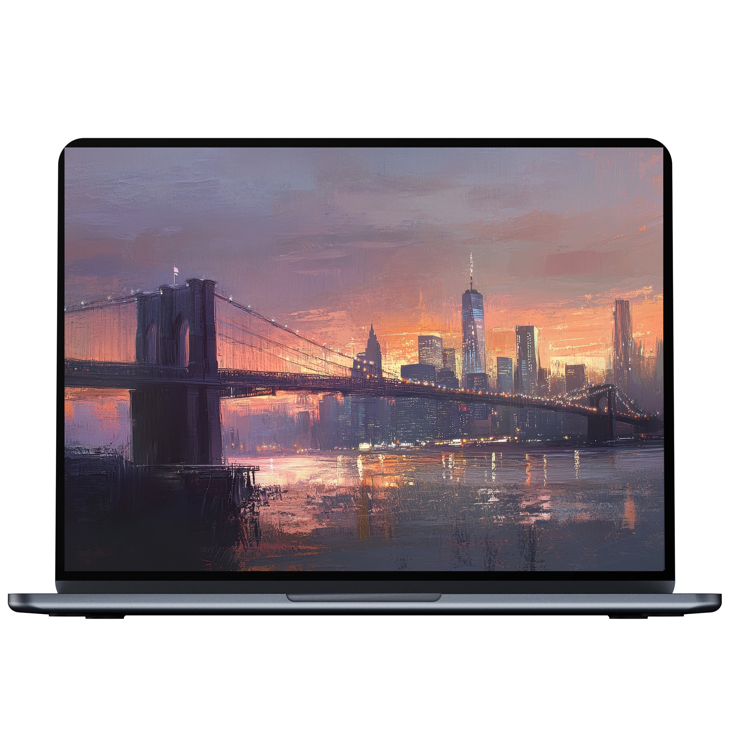 Vibrant urban art desktop wallpaper with sunset hues over a cityscape bridge for inspiring digital download on PC and laptop