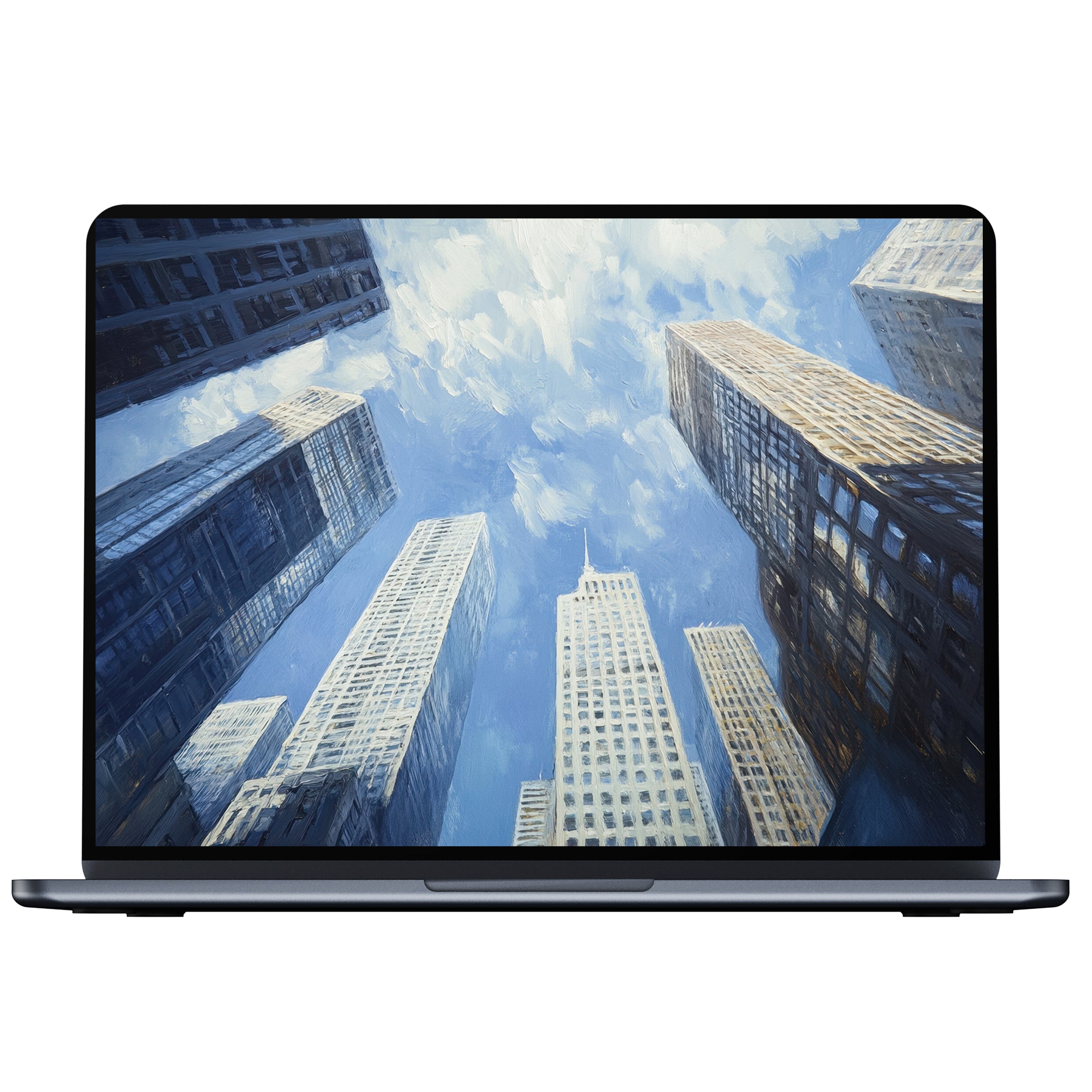 Urban art desktop wallpaper featuring a serene blue sky and skyscrapers in abstract style for digital download on PC and laptop