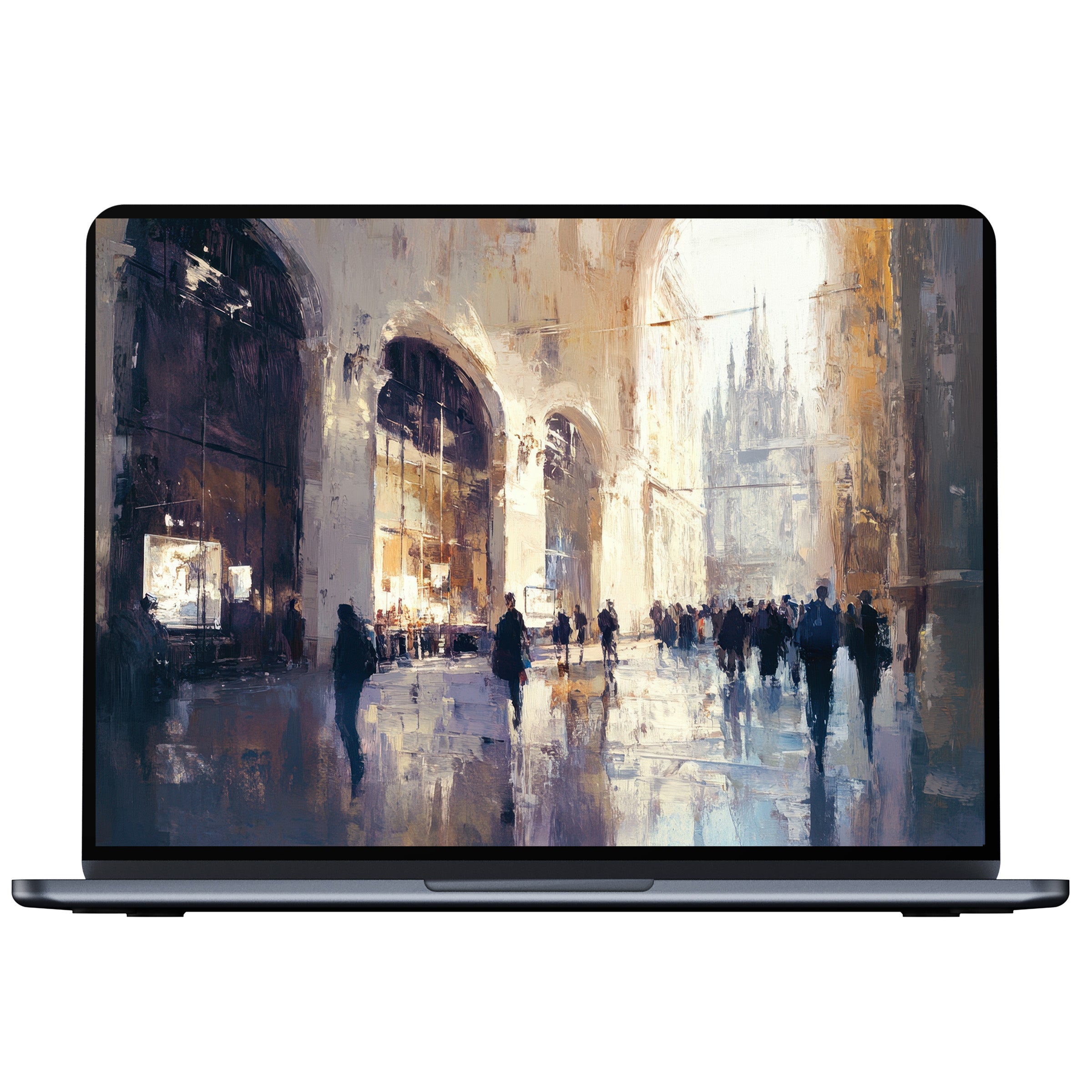 Urban art desktop wallpaper featuring a serene, impressionistic city scene in warm hues, perfect digital download for PC, Laptop, Mac