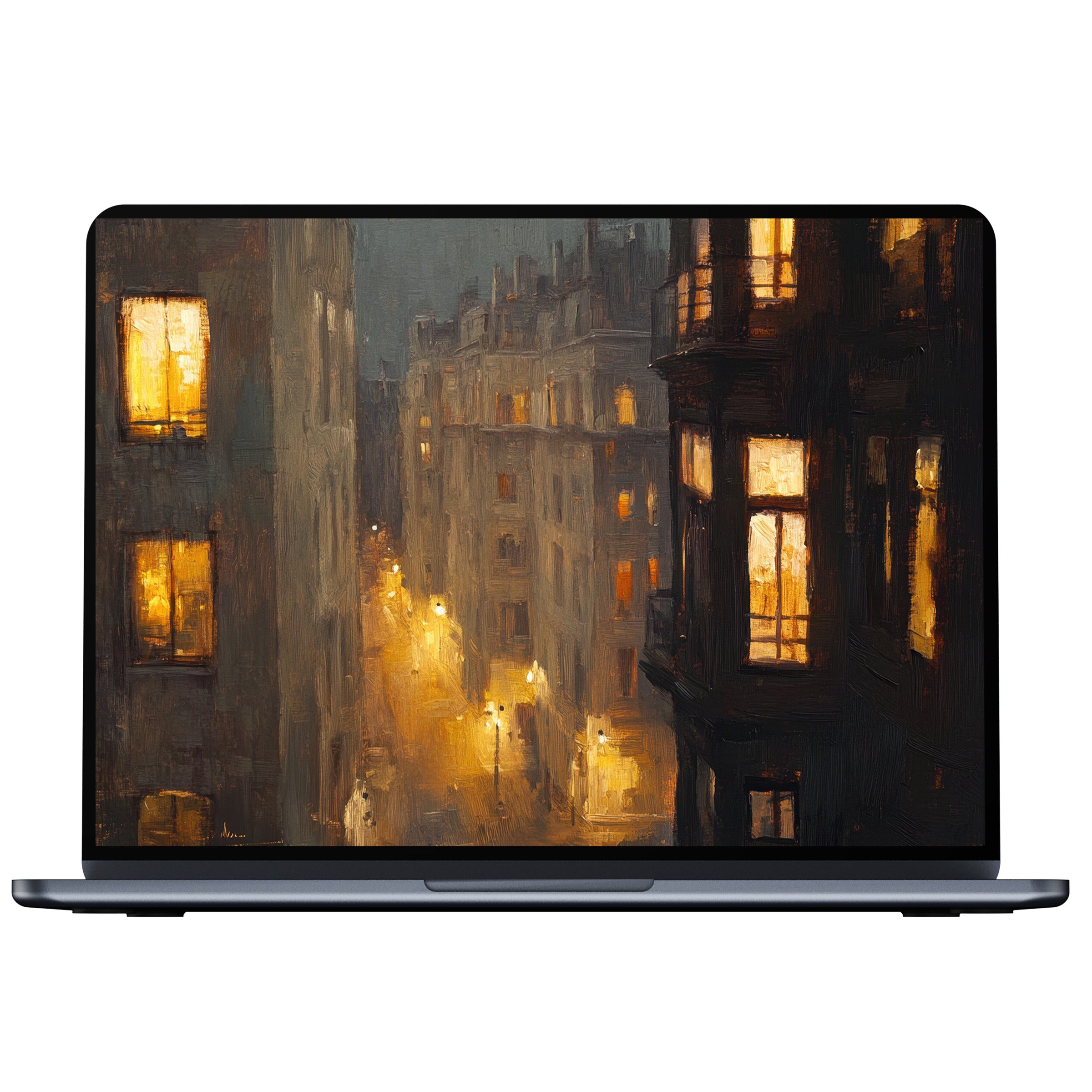 Urban art desktop wallpaper featuring warm streetlights and textured buildings creating a calm ambiance for PC or laptop digital download