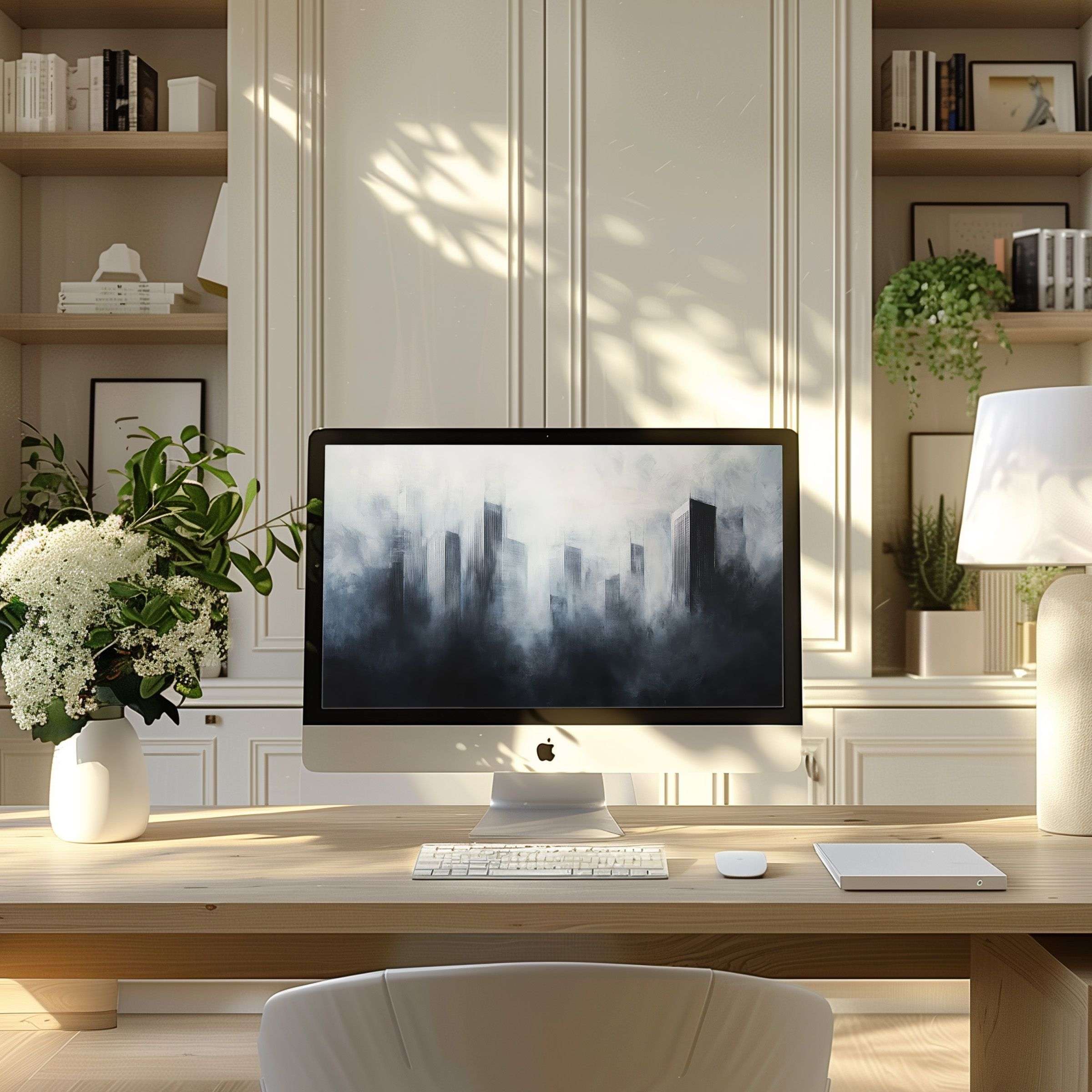 iMac on desk in stylish home office displaying an urban art wallpaper for Mac with abstract skyscrapers fading into soft mist, creating a modern cityscape atmosphere