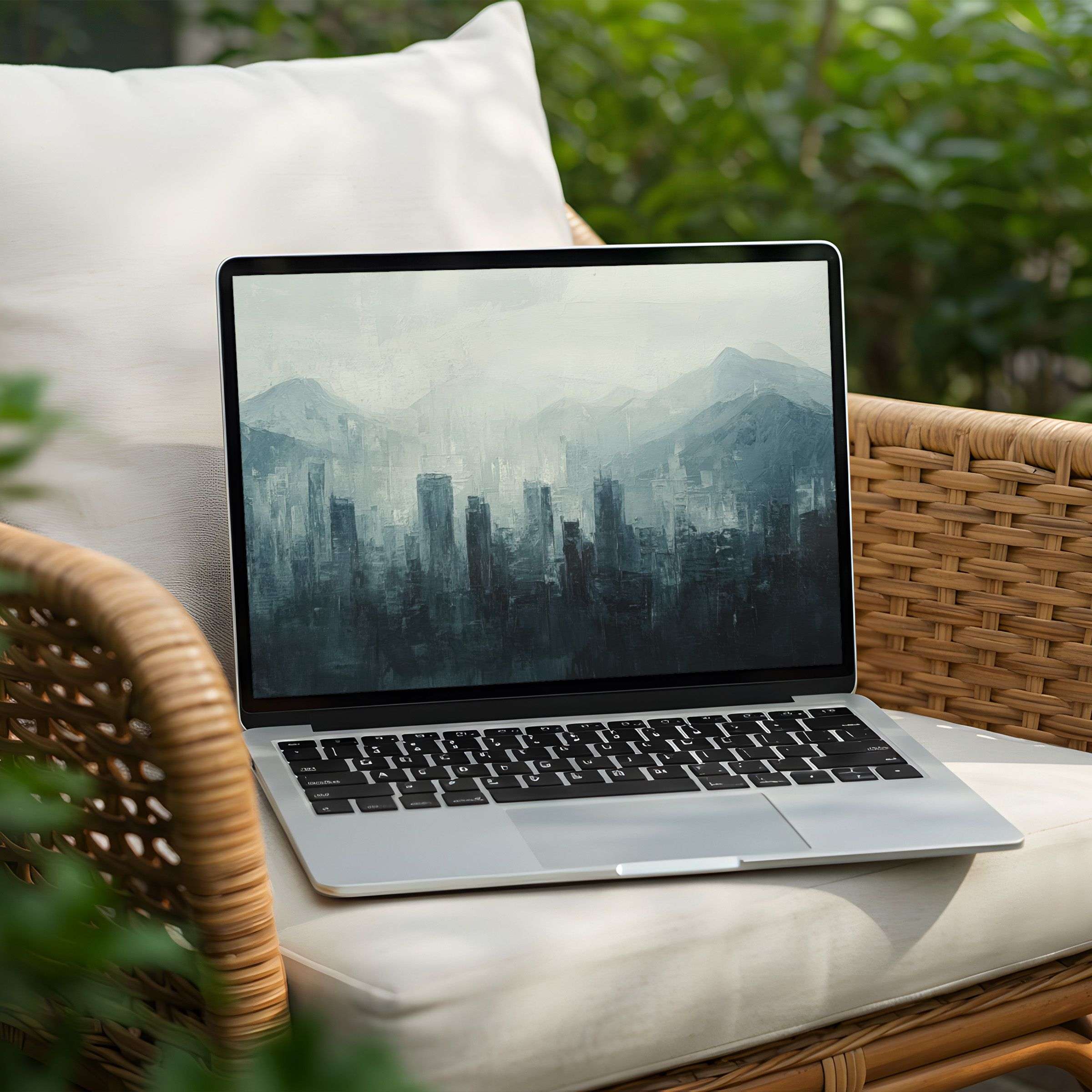 Elegant PC and Laptop desktop background featuring tranquil mountain cityscape in muted tones for instant download and inspiration