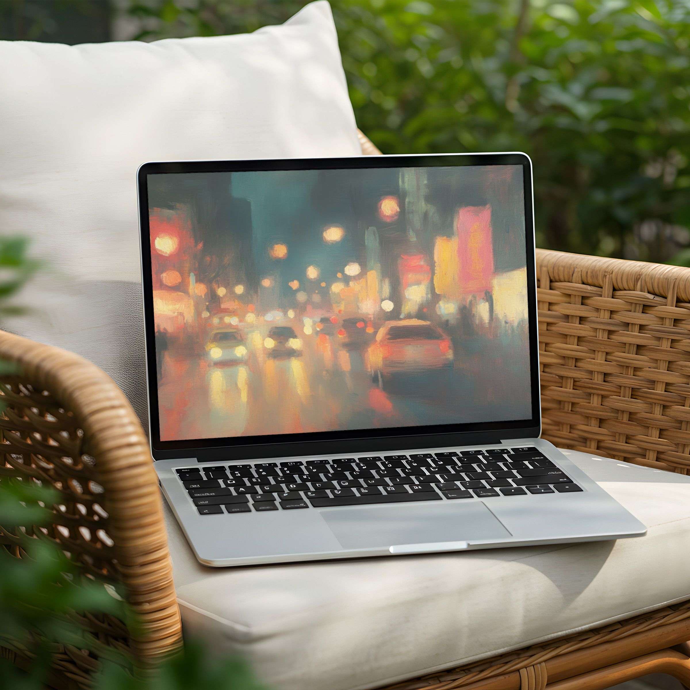 Vibrant city lights on a digital desktop background offer instant download for PC or Laptop inspiring calm and elegance