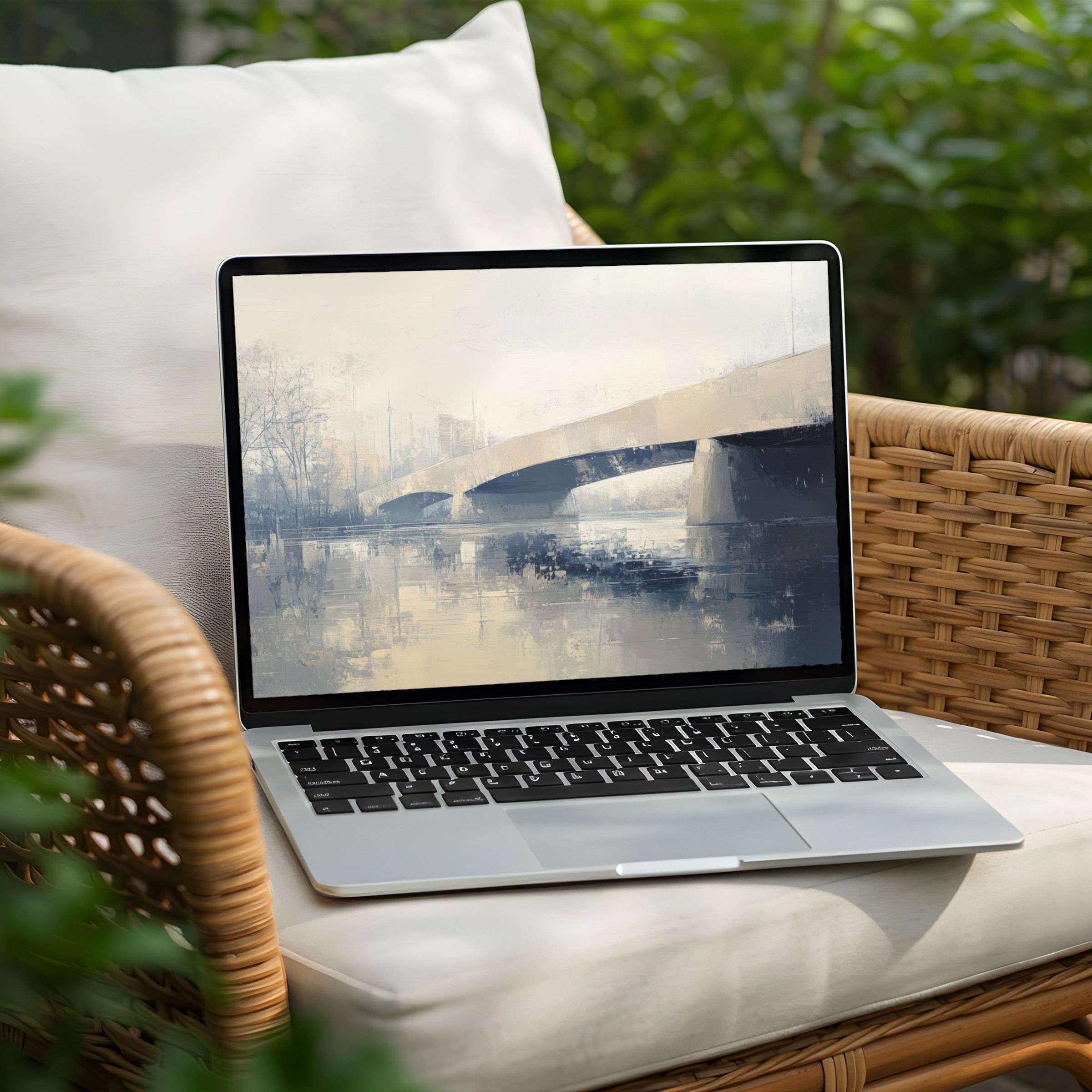 Elegant desktop background for instant download on PC or Laptop featuring a serene bridge reflection in soft, calming hues