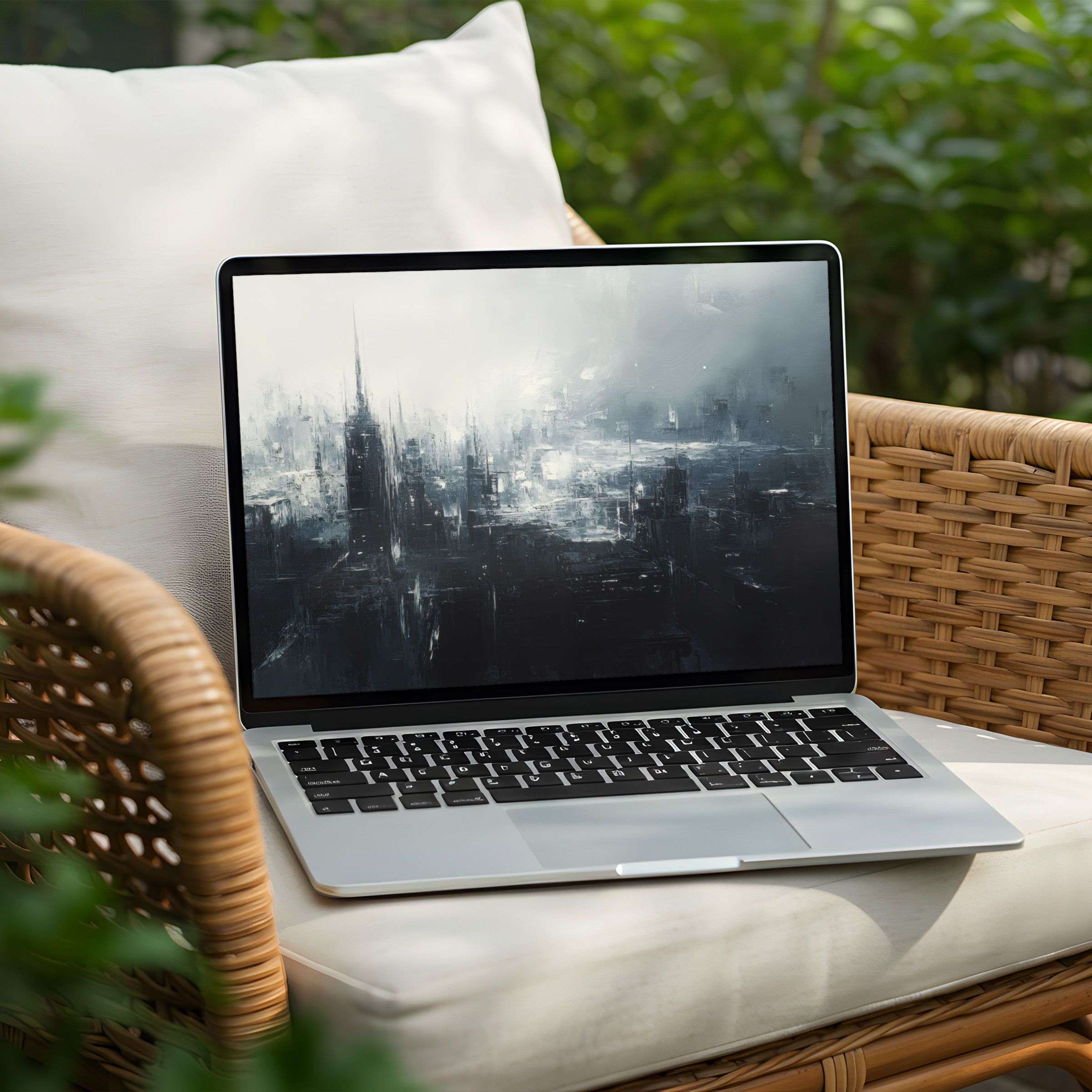 Elegant cityscape desktop background on a laptop for instant download evokes calm and mindfulness for PC users