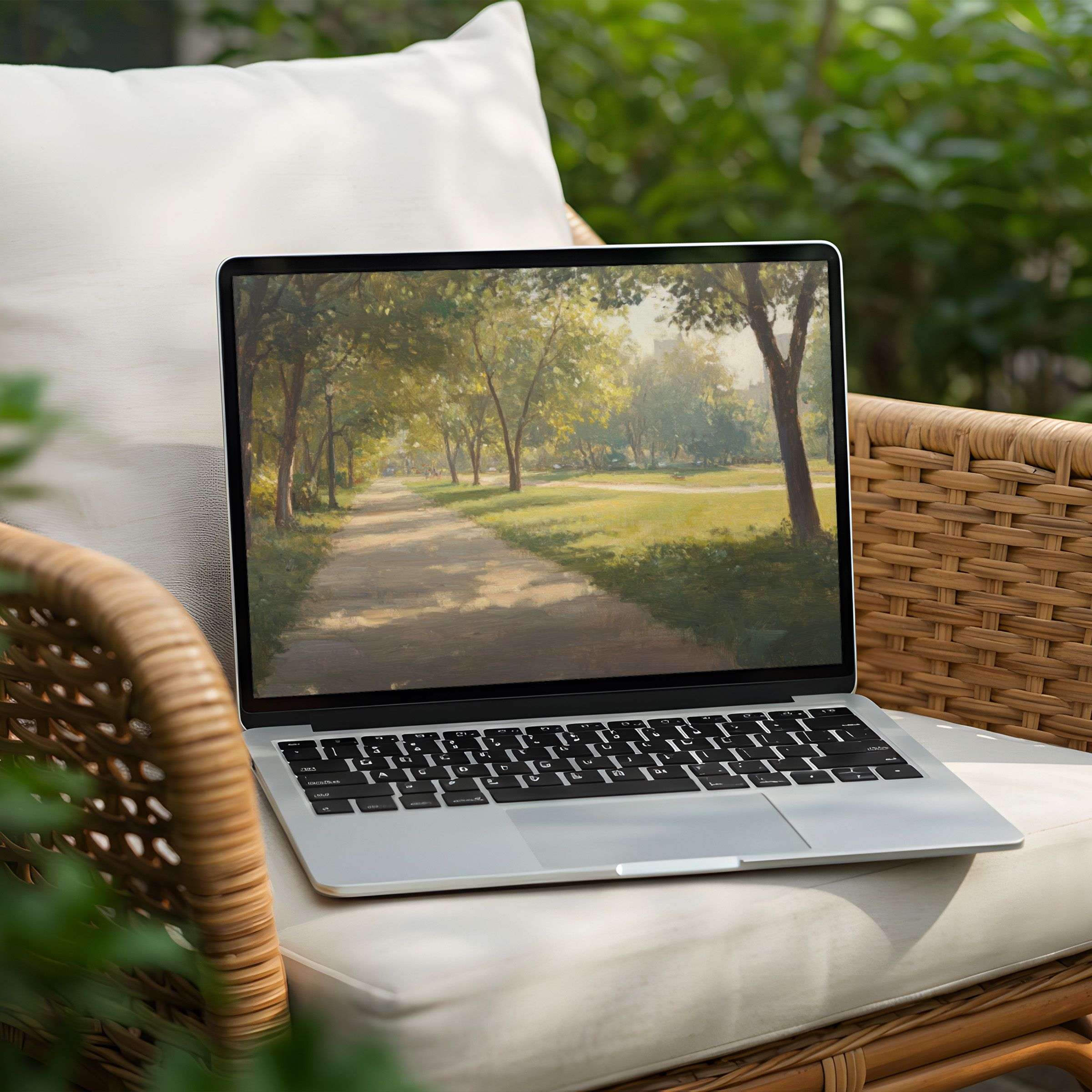 Elegant pathway painting on Laptop for a serene desktop background instant download ideal for mindful PC design lovers