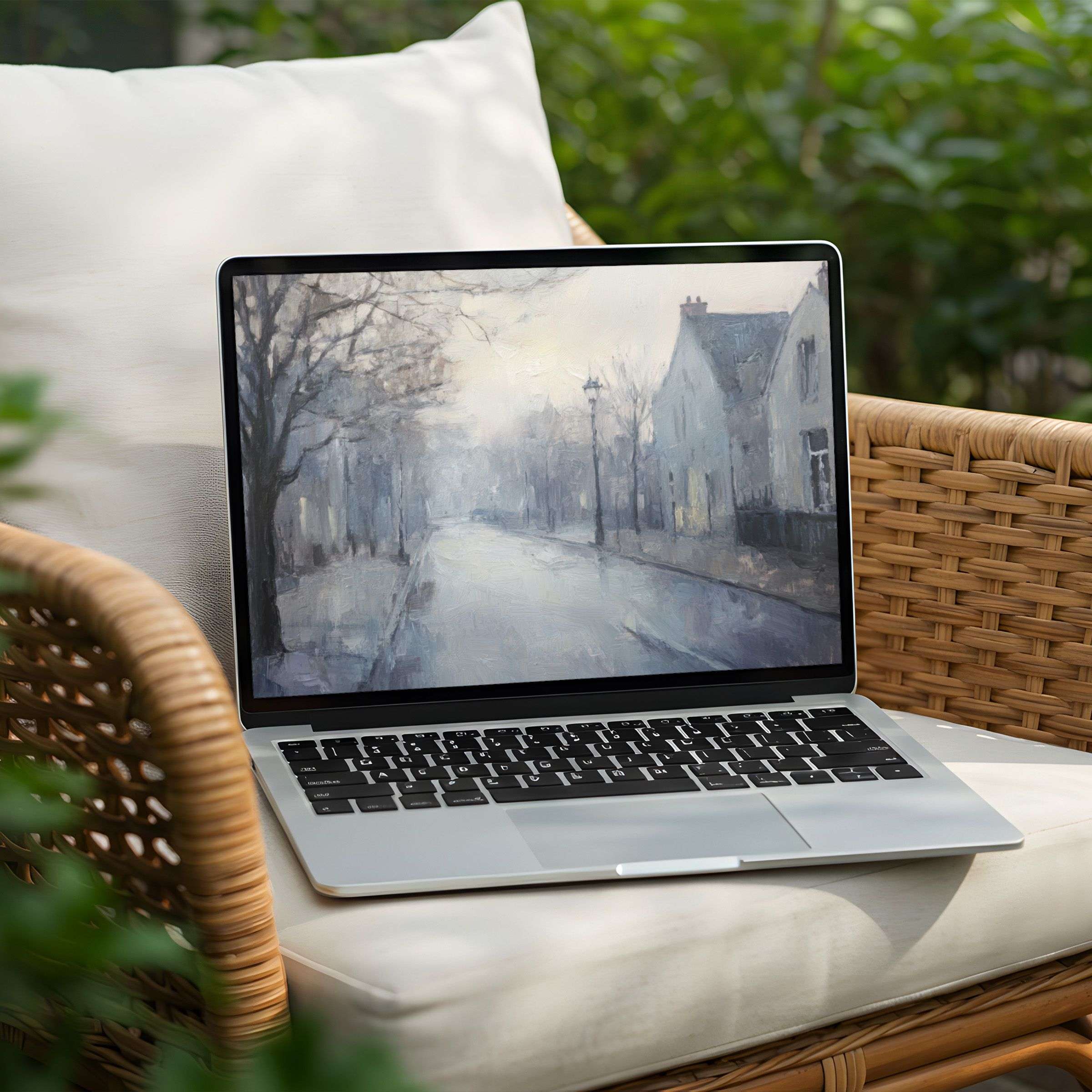 Elegant desktop background for instant download on PC or laptop featuring serene, misty street scene painting inspiring calm and mindfulness