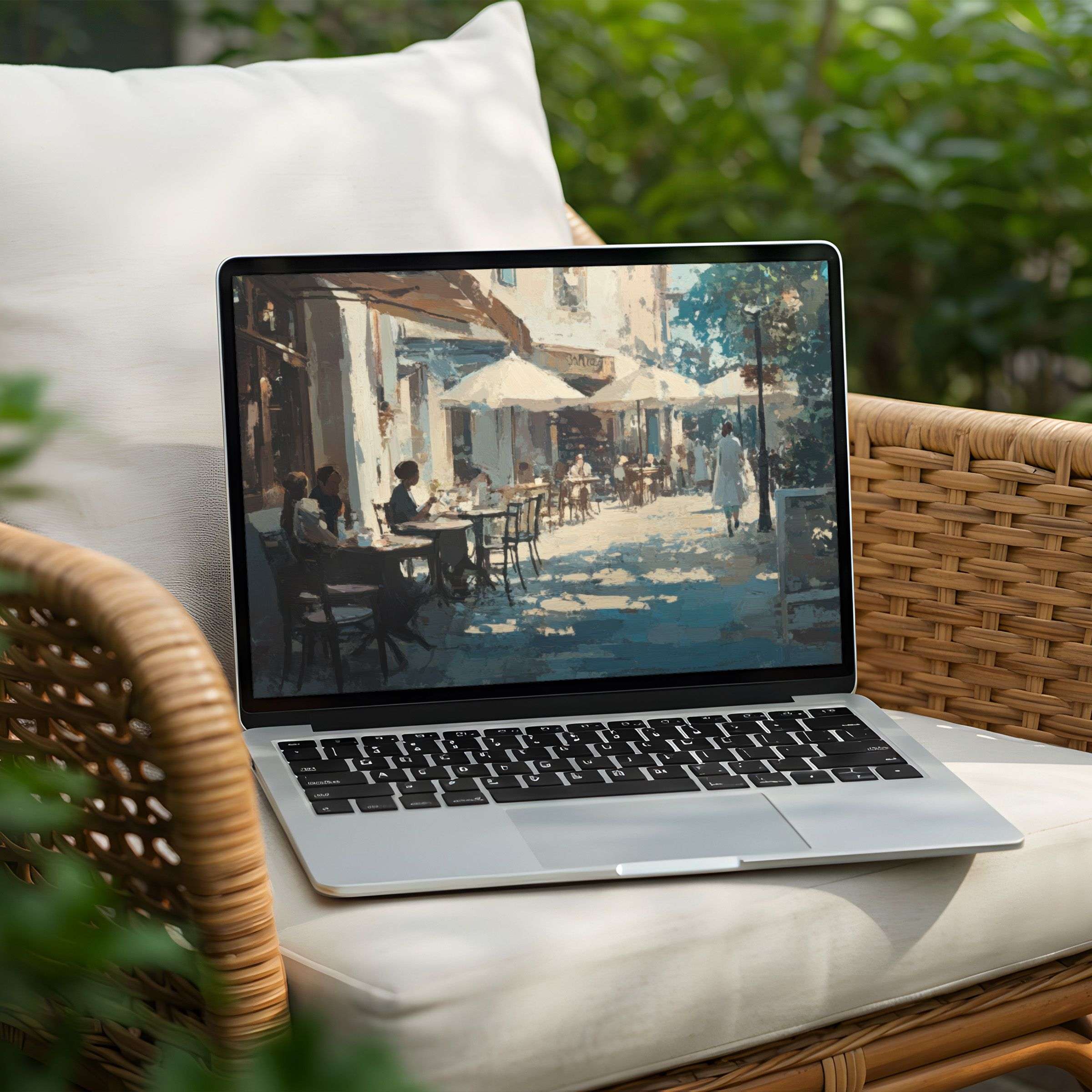 Serene café scene desktop background for instant download on PC or Laptop offers calm elegance and artistic inspiration